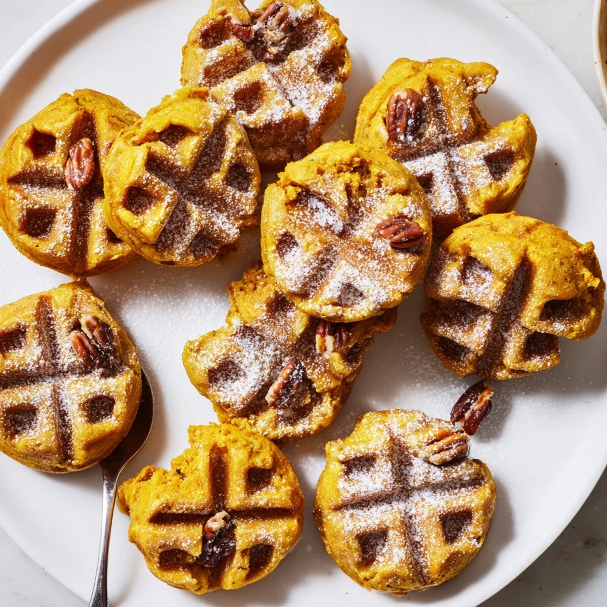 Warm pumpkin waffle batter bites served with maple syrup for an indulgent treat.