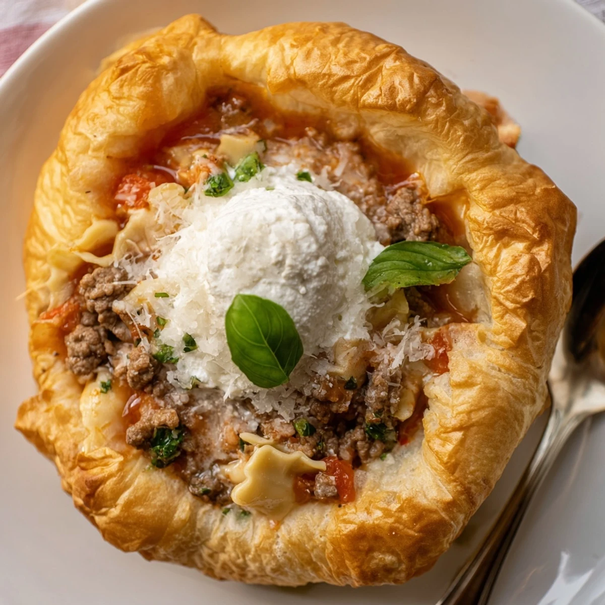 Flaky croissant bowls filled with rich lasagne soup showcasing Italian comfort food.