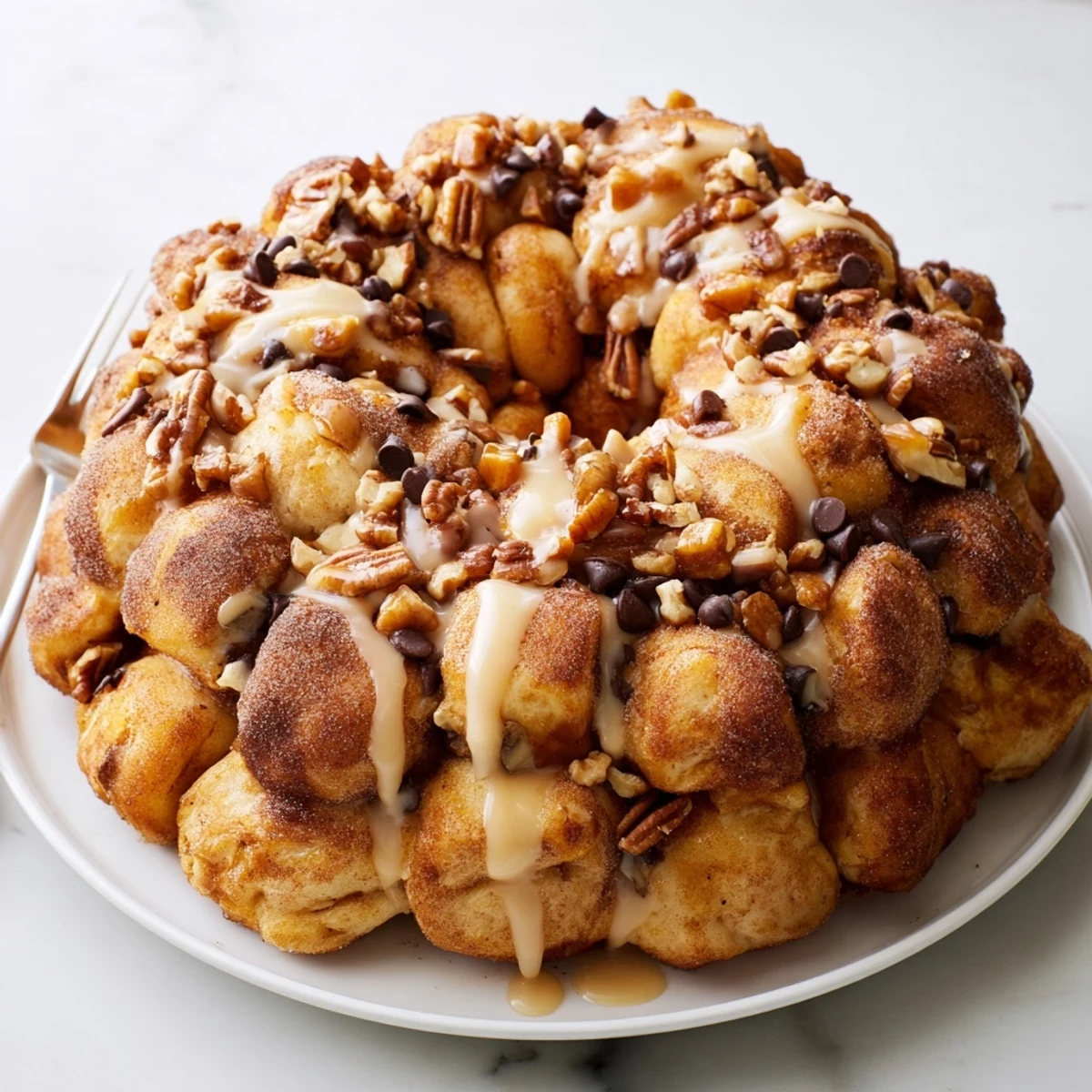 Decadent Special Chaos Cake Monkey Loaf filled with chocolate, nuts, and caramel drizzle.