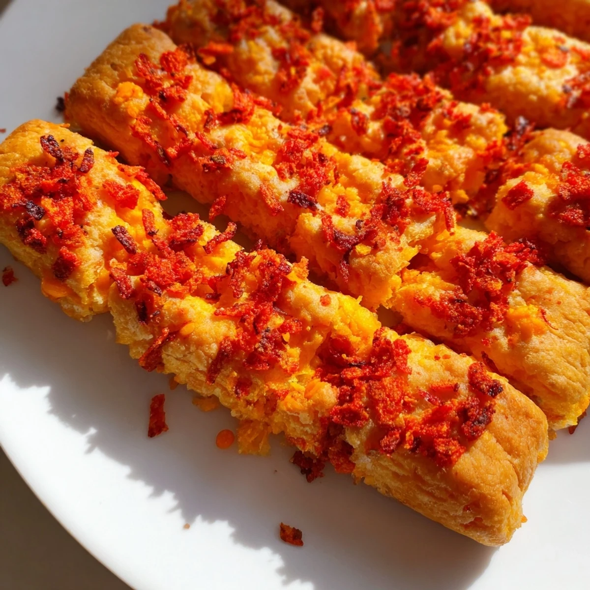 Buttery Flamin Hot Cheddar Biscuit Sticks topped with crispy chips, perfect for snacking.  