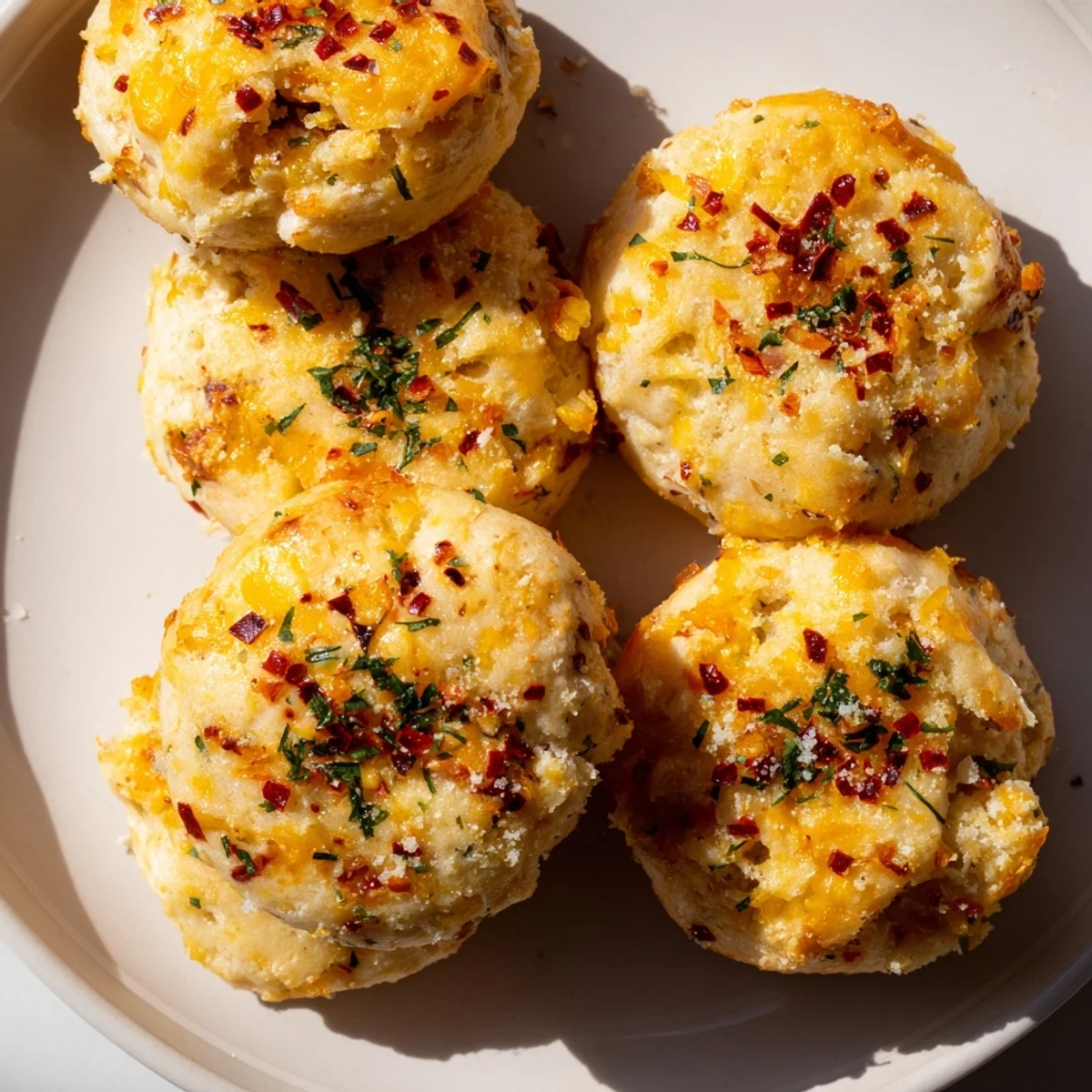Savory Chili Garlic Cheese Biscuit Donuts topped with melted butter and chili flakes.  