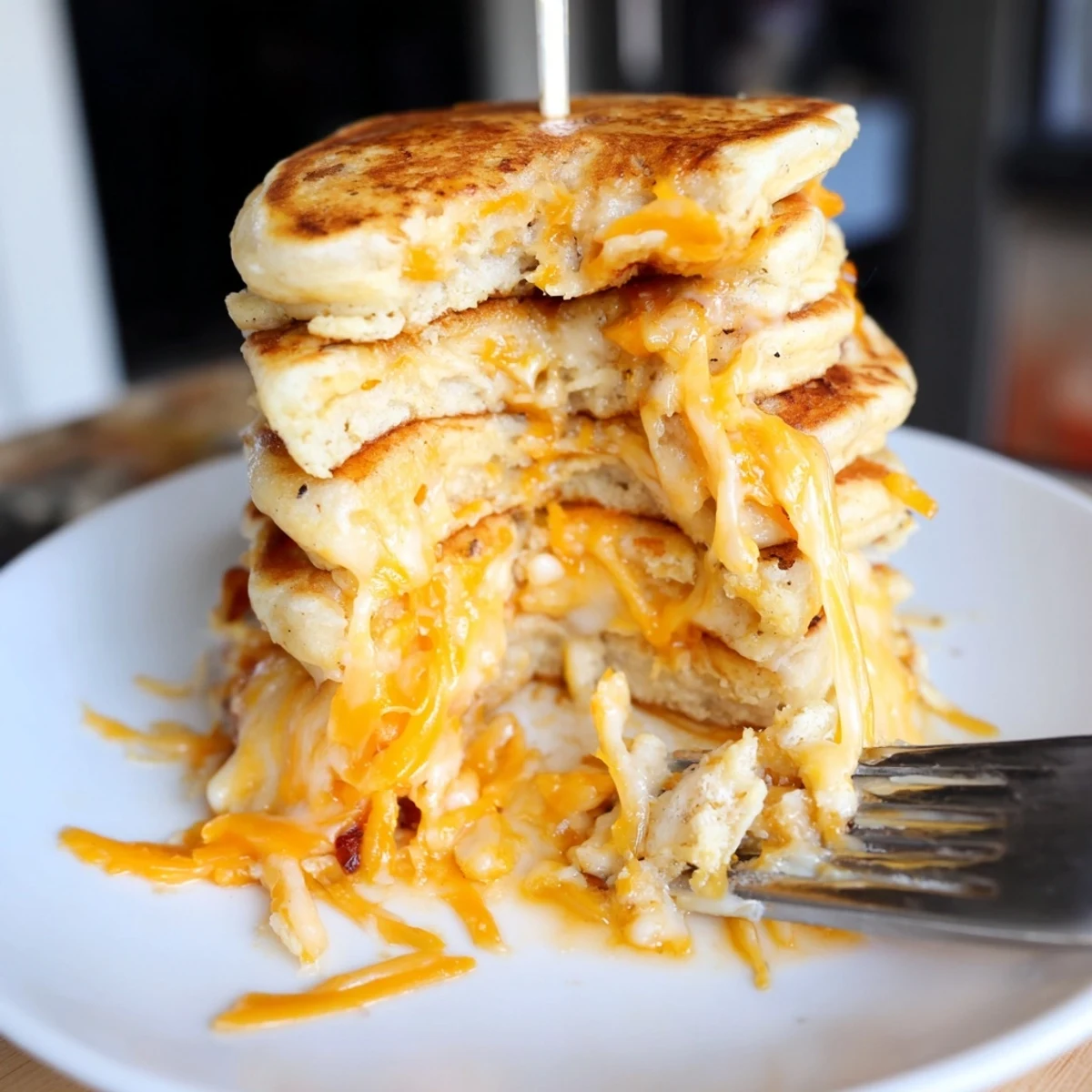 Fluffy cheesy pumpkin pancake skewers served with maple syrup for delightful bites.  