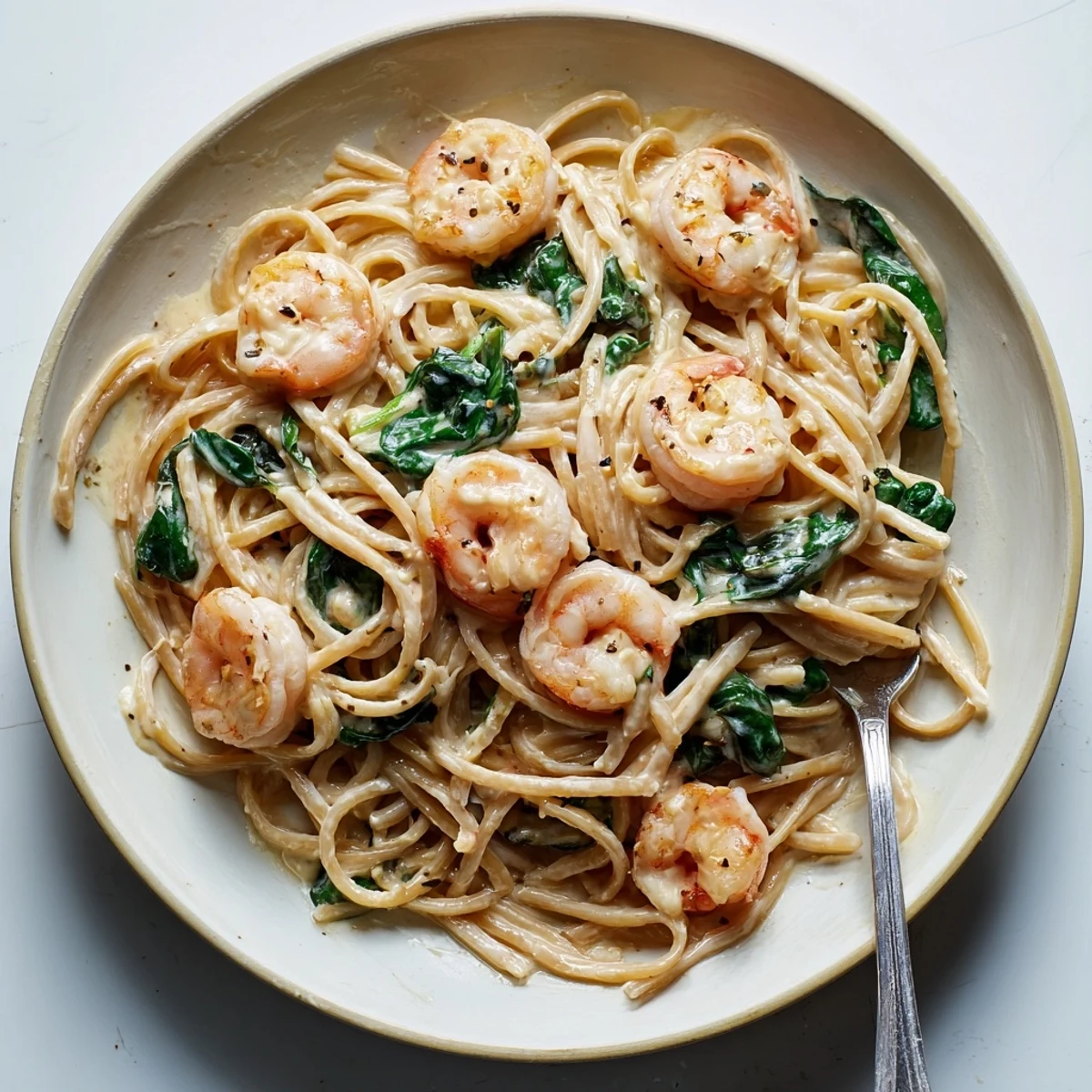 Enjoy a bowl of Creamy Garlic Shrimp Pasta, perfect for a quick weeknight dinner.