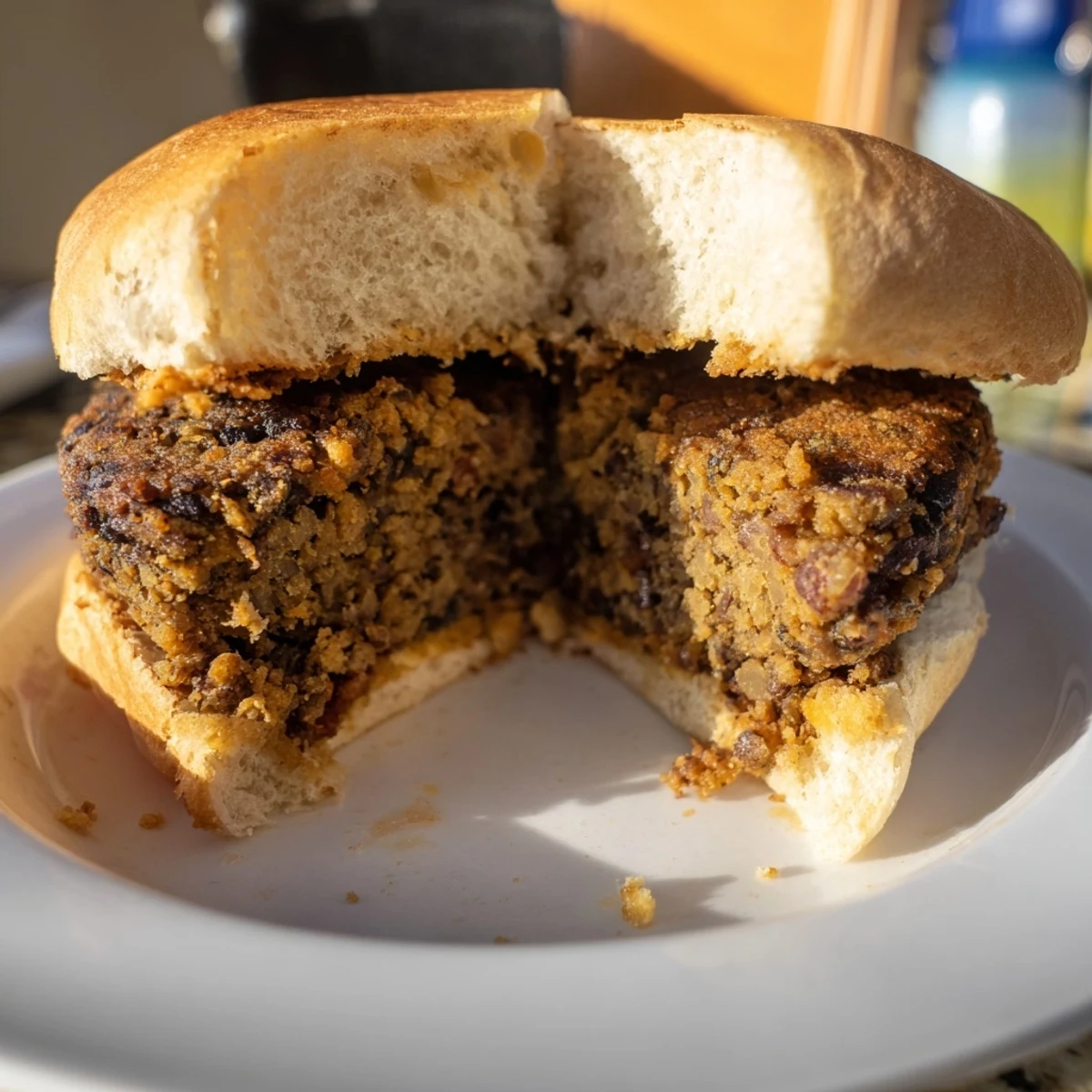 Golden-brown Quick Black Bean Burgers on toasted buns, topped with fresh veggies.  
