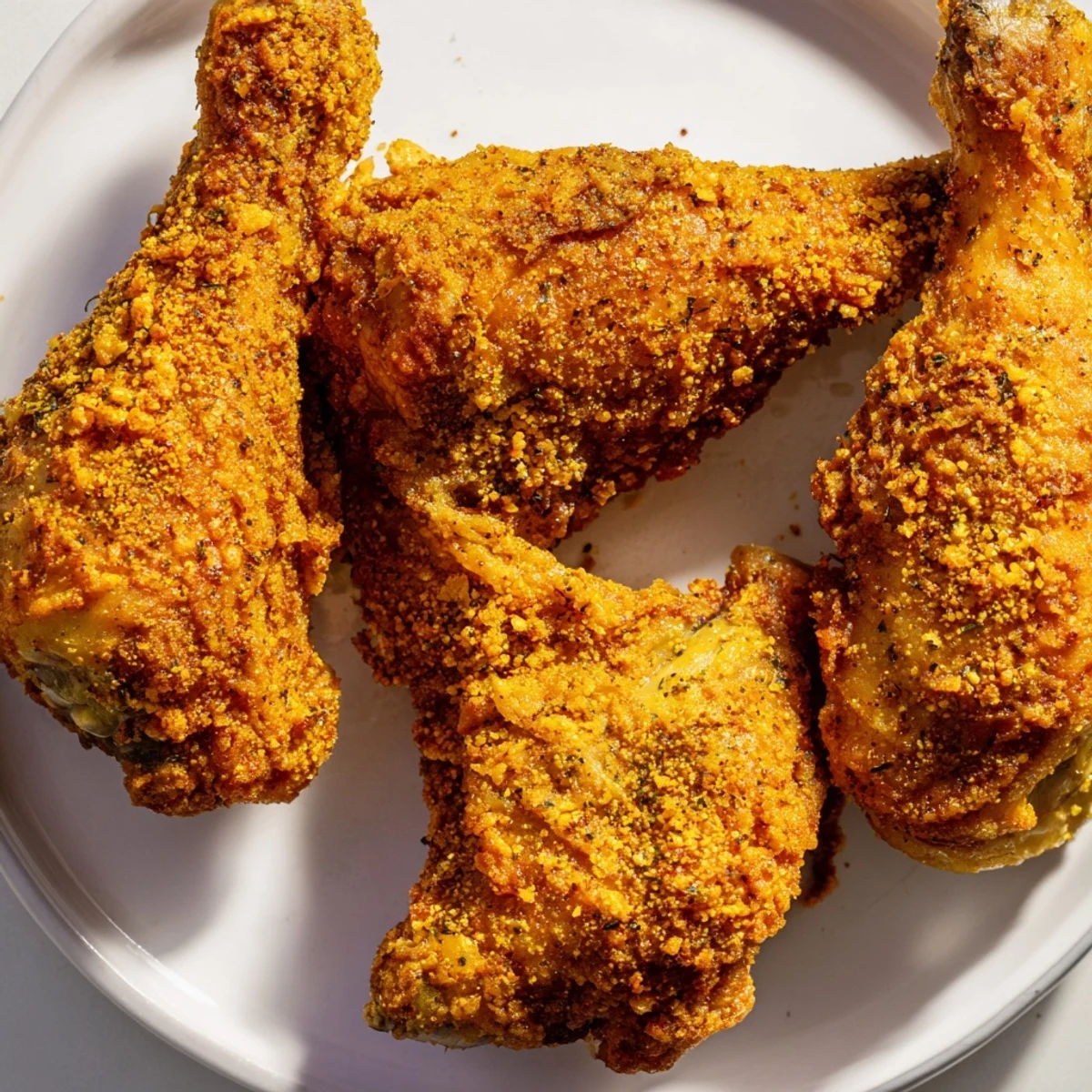Golden-brown Spicy Garlic Chicken Drumsticks served with fresh vegetables for dinner.  