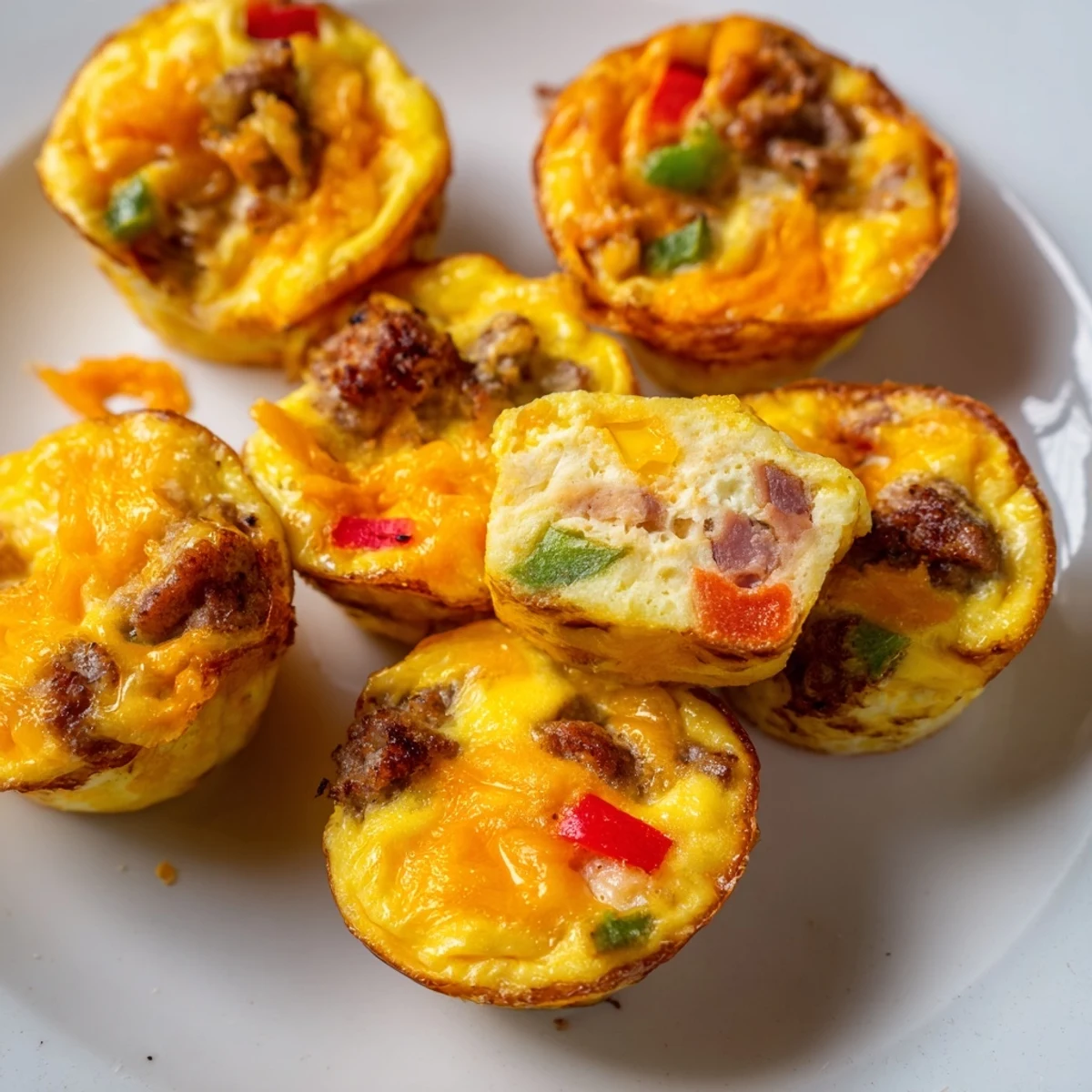 Muffin-shaped Savory Sausage & Egg Bites, packed with protein and colorful peppers.  