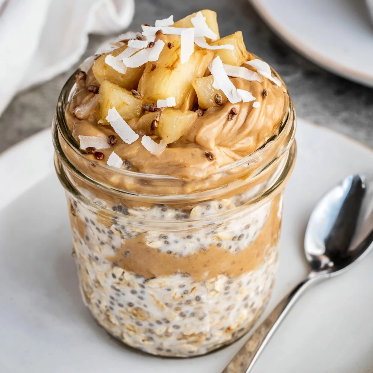 Overnight oats with tropical peanut butter swirl topped with fresh pineapple and coconut.  
