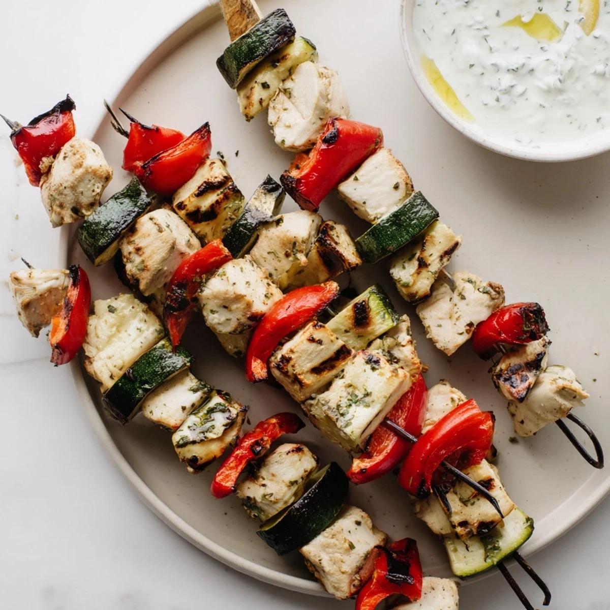 Mediterranean-inspired Chicken & Veggie Skewers paired with zesty garlic yogurt dip.