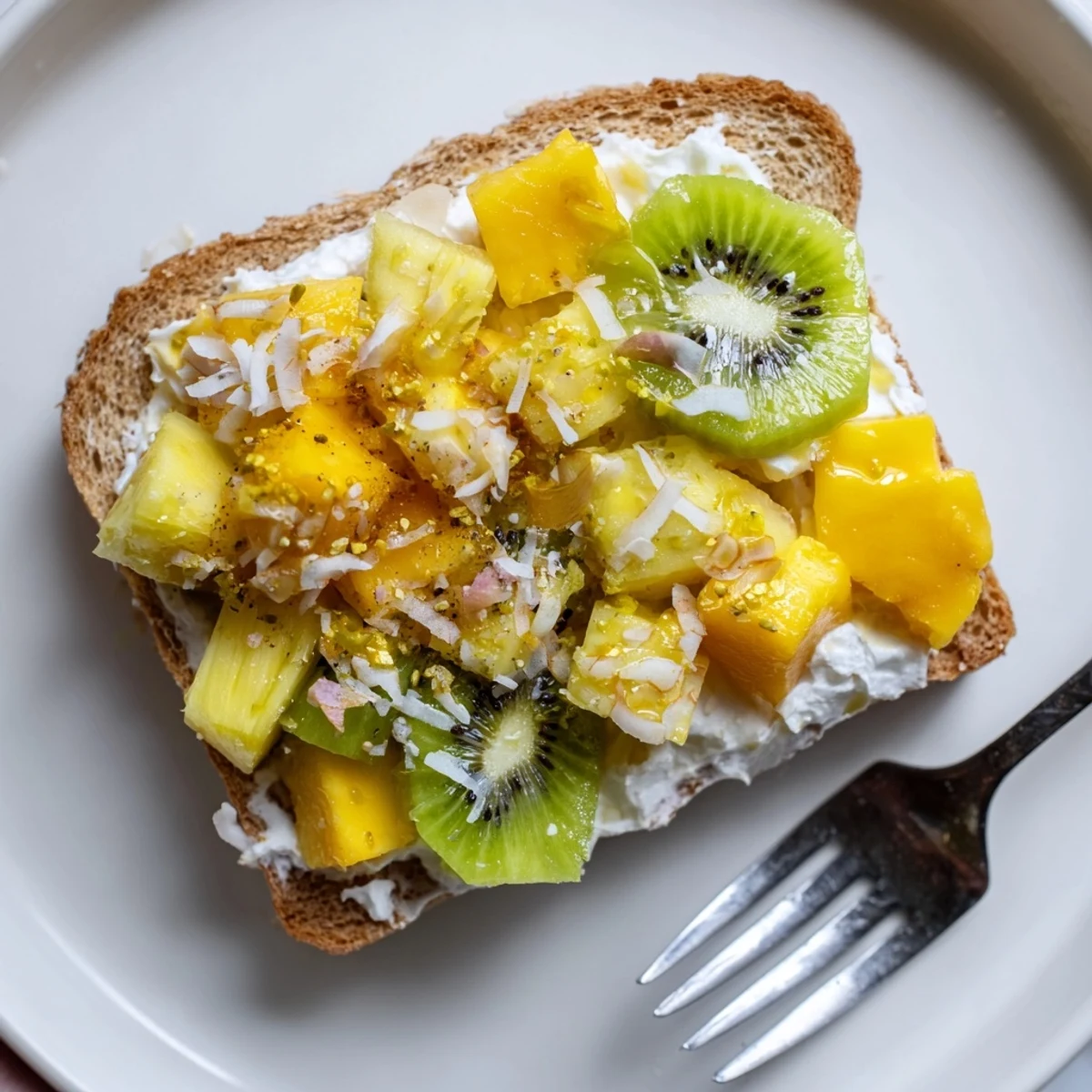 Crispy Yogurt-Custard Toast 2.0 topped with tropical mango and kiwi slices.  