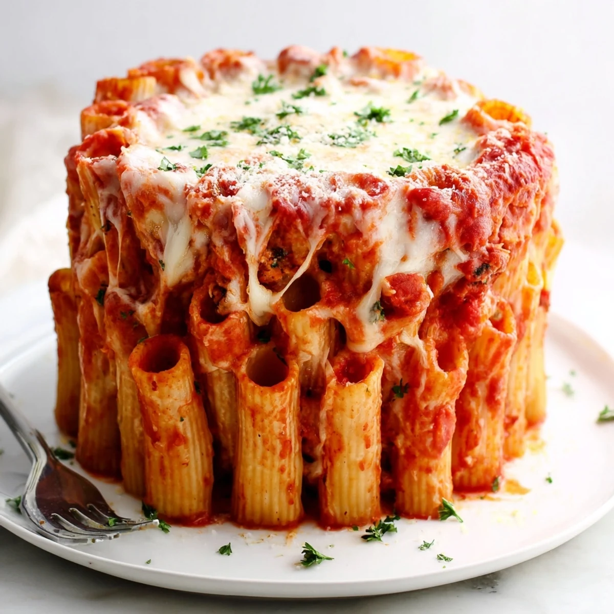 Baked Honeycomb Pasta Cake topped with bubbly melted cheese and fresh parsley.  