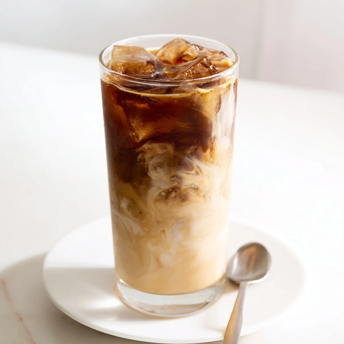 Creamy Tahini Iced Coffee topped with plant-based milk and ice cubes, perfect for a refreshing treat.  