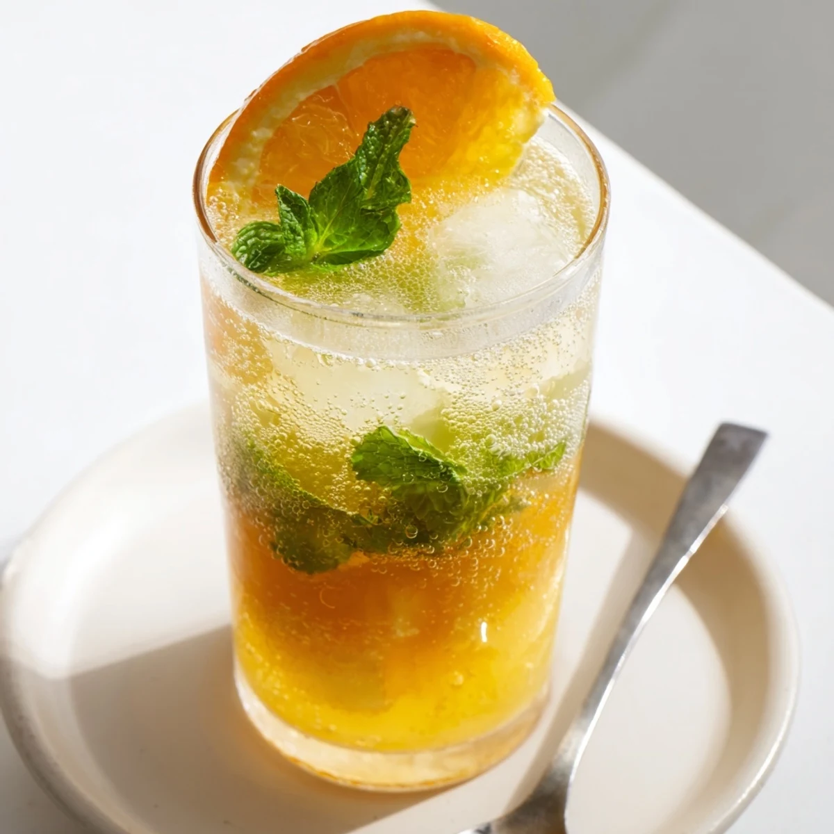 Refreshing probiotic soda mocktail with citrus, mint, and ice cubes for summer enjoyment.  