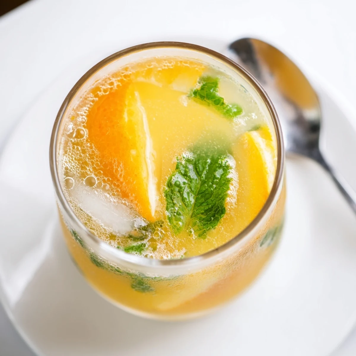 Lightly sparkling probiotic soda mocktail garnished with orange slices and fresh mint leaves.  