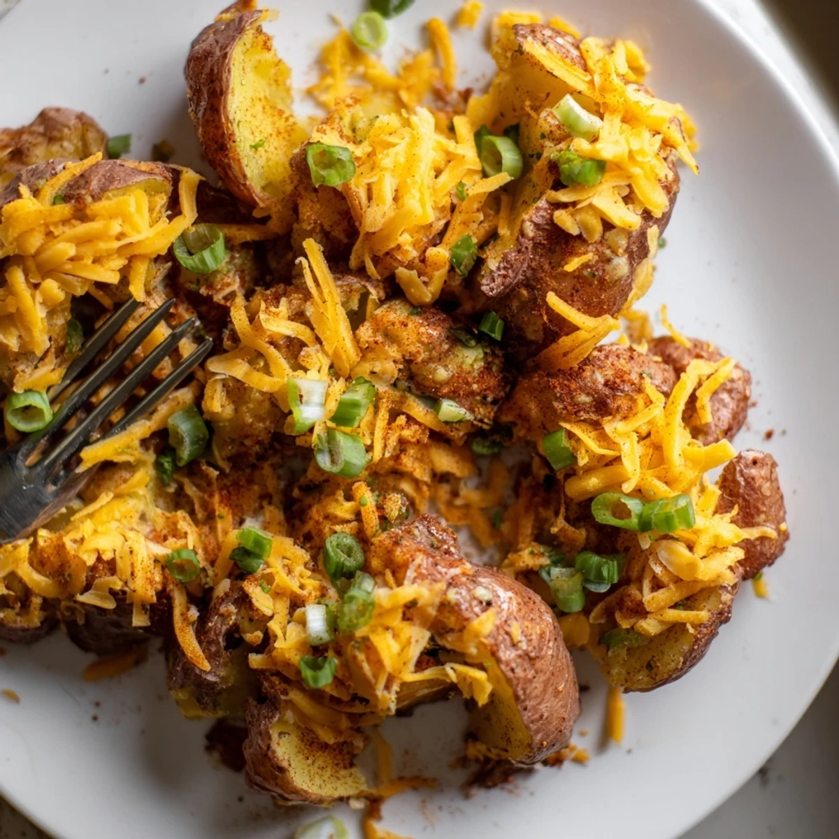 Crispy smashed green onion potato bombs topped with melting cheddar cheese and herbs.  