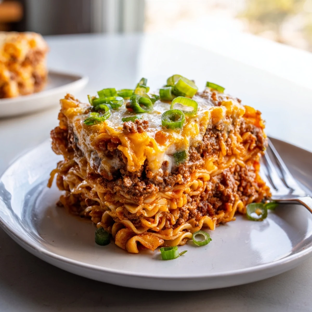 Delicious Spicy Ramen Lasagna layered with creamy cheese and zesty meat sauce.