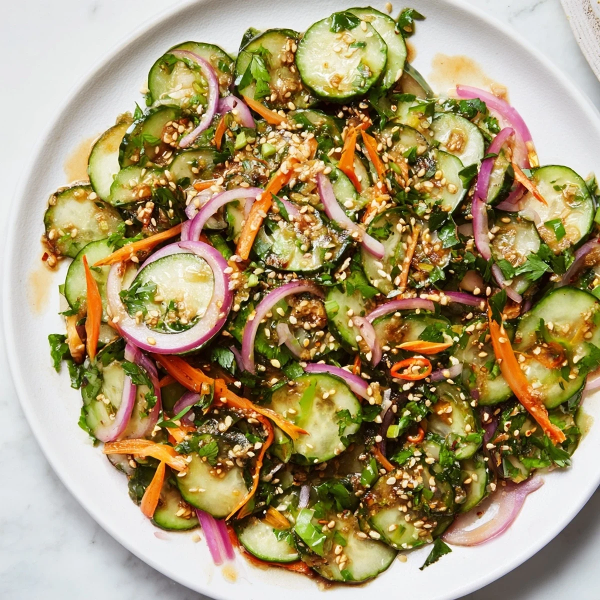 Zesty cucumber salad remix featuring fresh herbs and a hint of chili flavor.