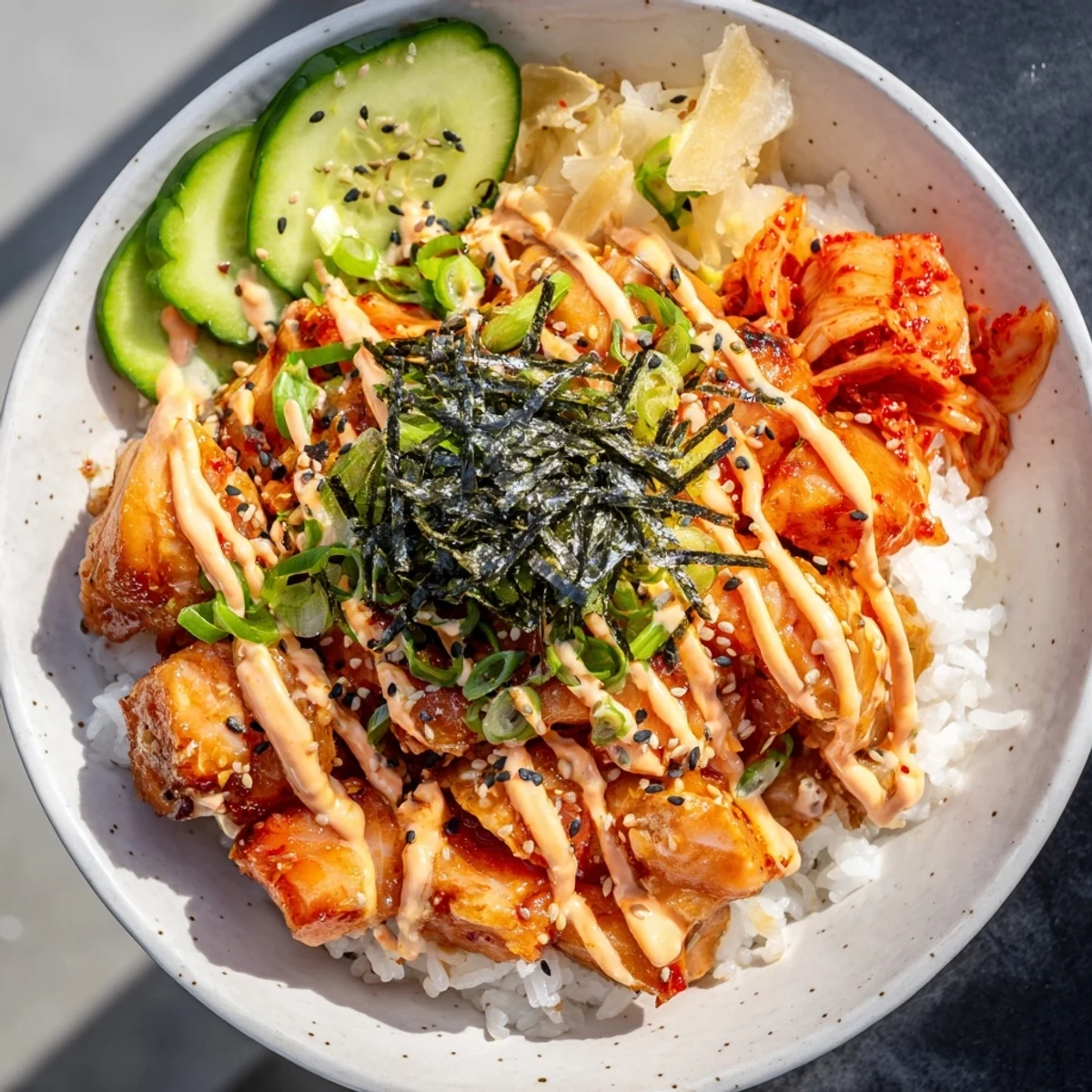 Flavorful crispy salmon rice bowl garnished with crunchy garlic and vibrant scallions.