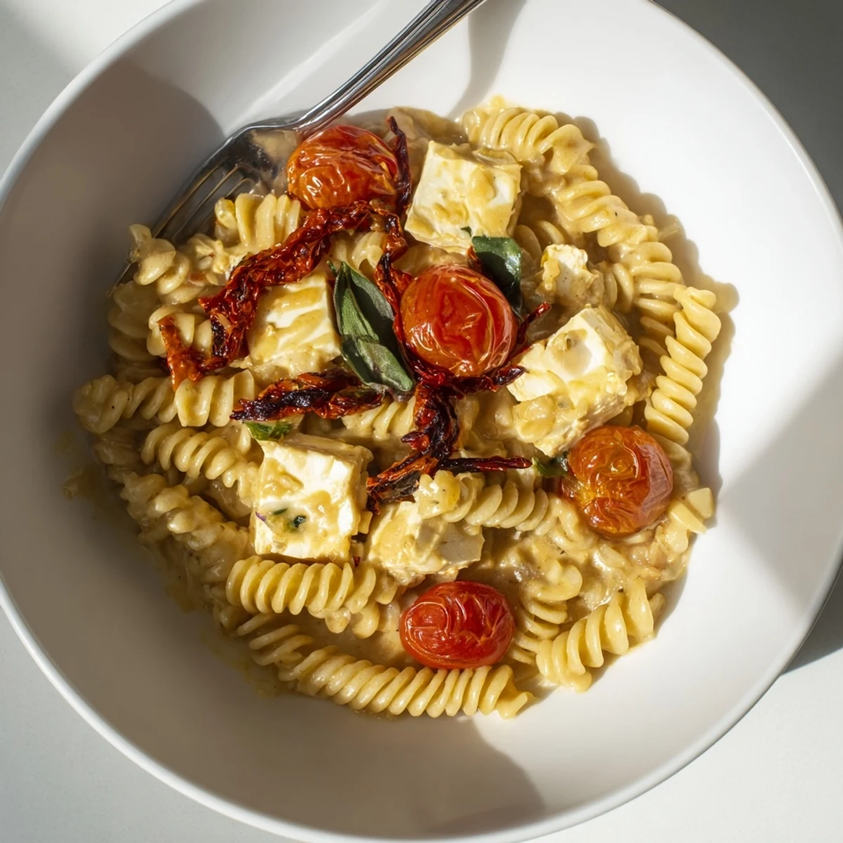 Creamy Baked Feta Pasta 2.0 topped with caramelized onions and sun-dried tomatoes.  
