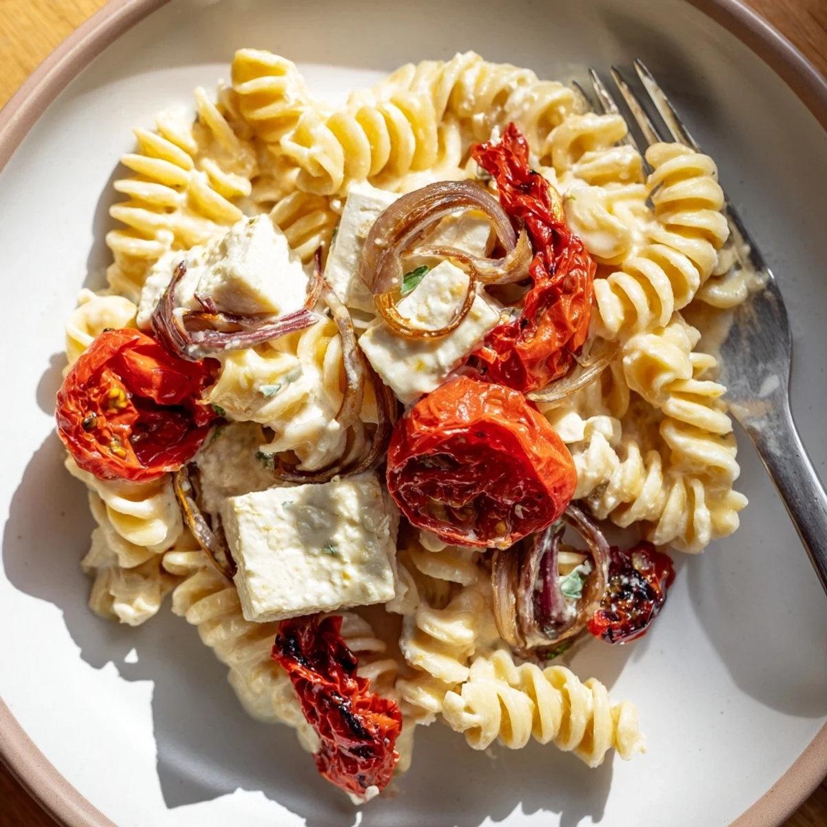 Delicious Baked Feta Pasta 2.0 served with fresh basil and olive oil drizzle.  