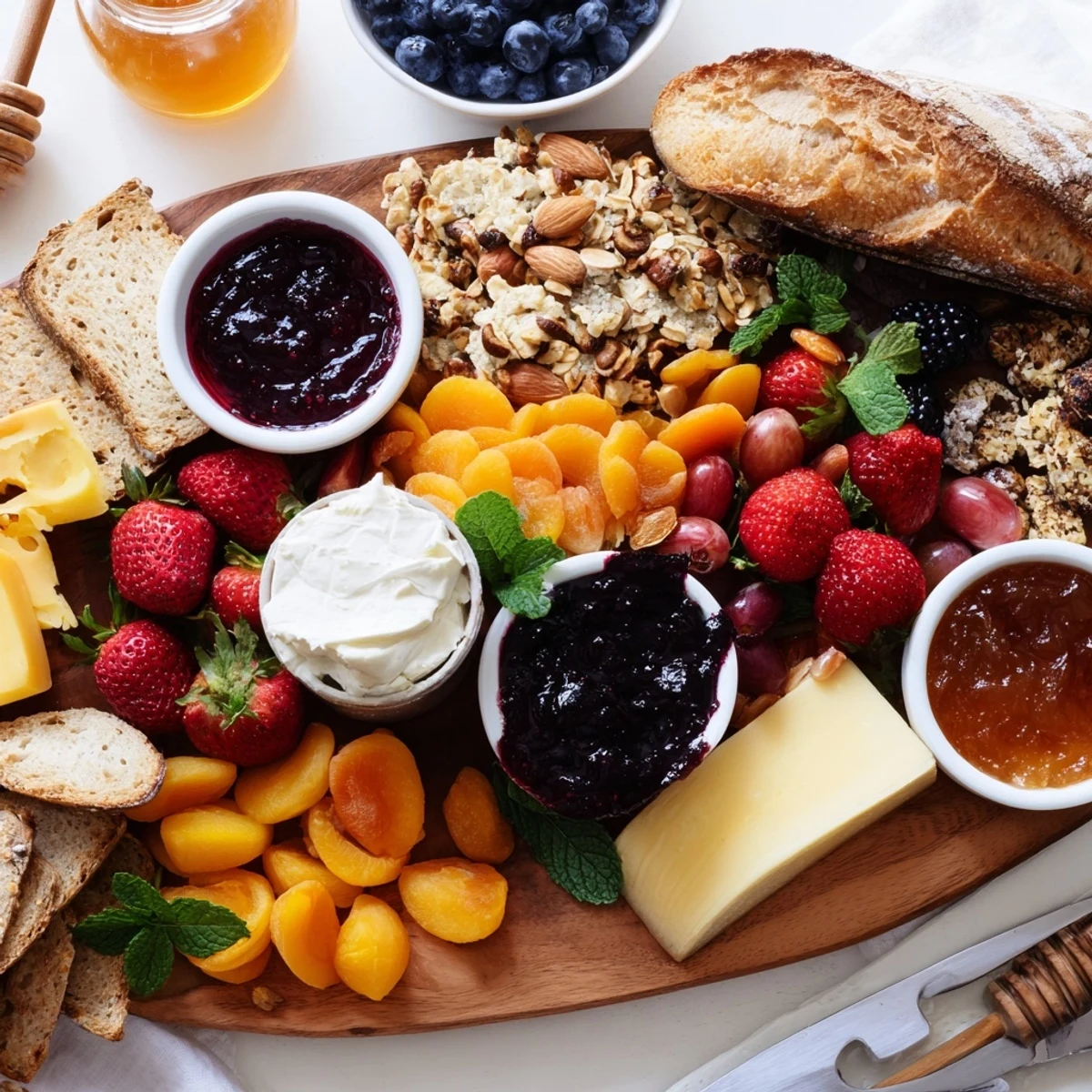 Delightful jam-infused brunch board showcasing vibrant fruits, cheeses, and crunchy crackers.