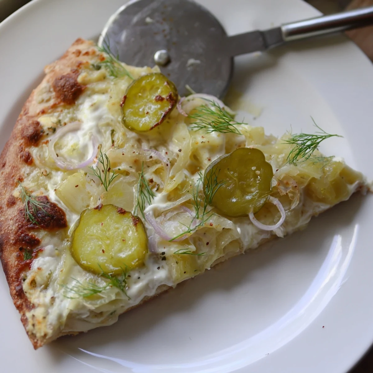 Tangy pickle pizza topped with crème fraîche, mozzarella, and crunchy dill pickles.  