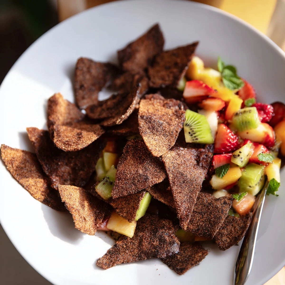 Crispy chocolate tortilla chips with vibrant fruit salsa for a delightful dessert.