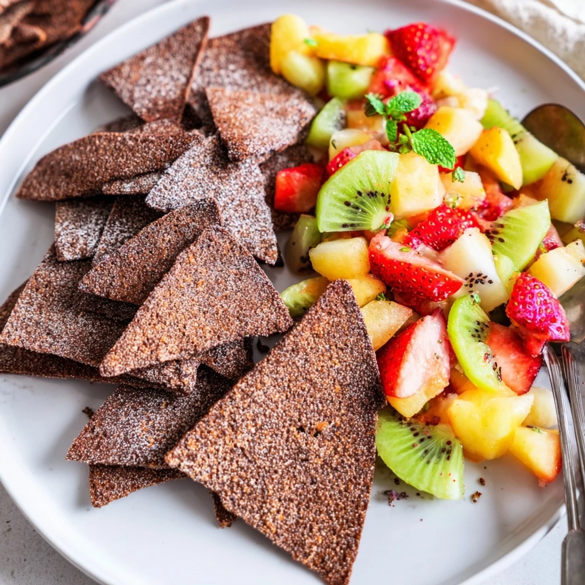 Homemade Dessert Chips & Salsa featuring sweet fruits and rich chocolate flavors.