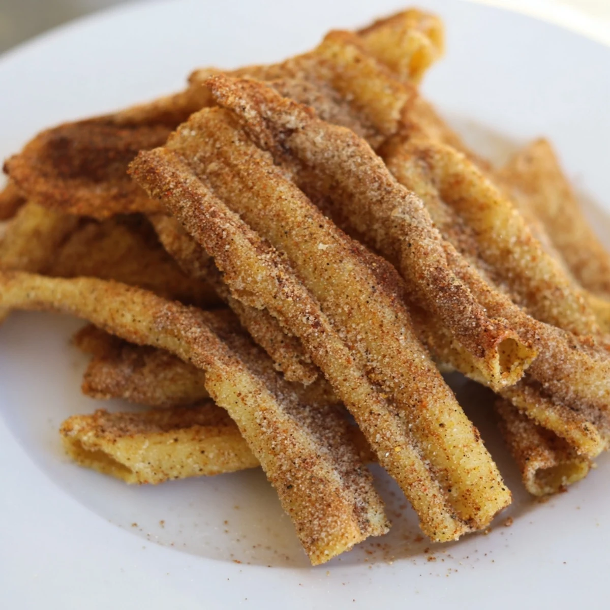 Crispy pasta chips seasoned with garlic and smoked paprika, ideal for snacking.  