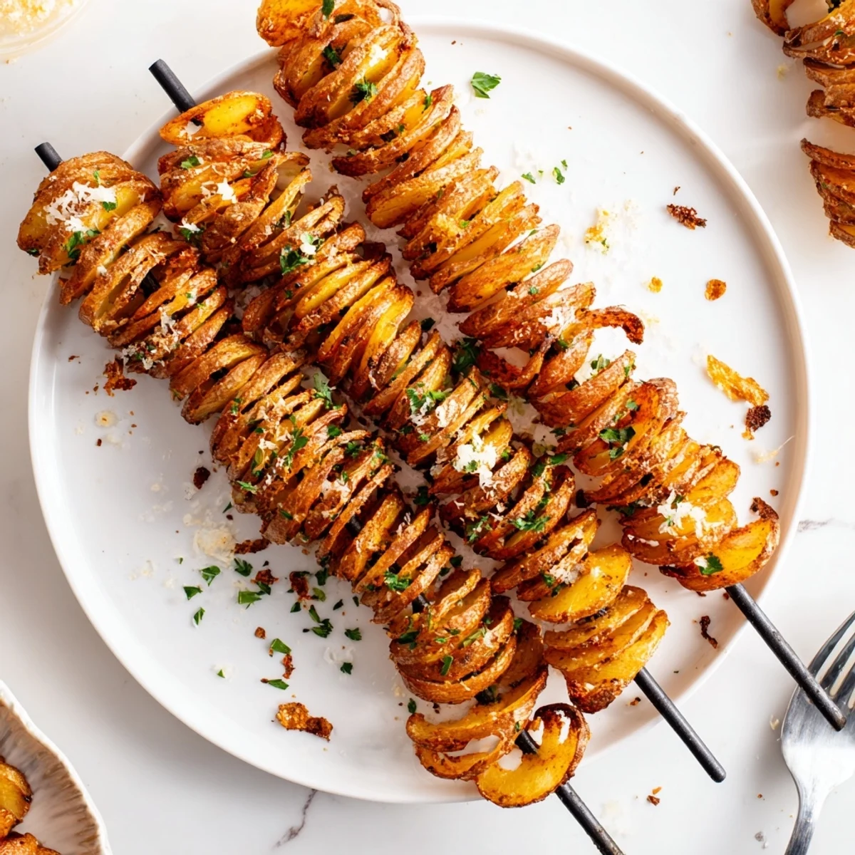 Golden, spiral-cut Air-Fryer Tornado Potatoes garnished with Parmesan and herbs, delightfully crispy.  