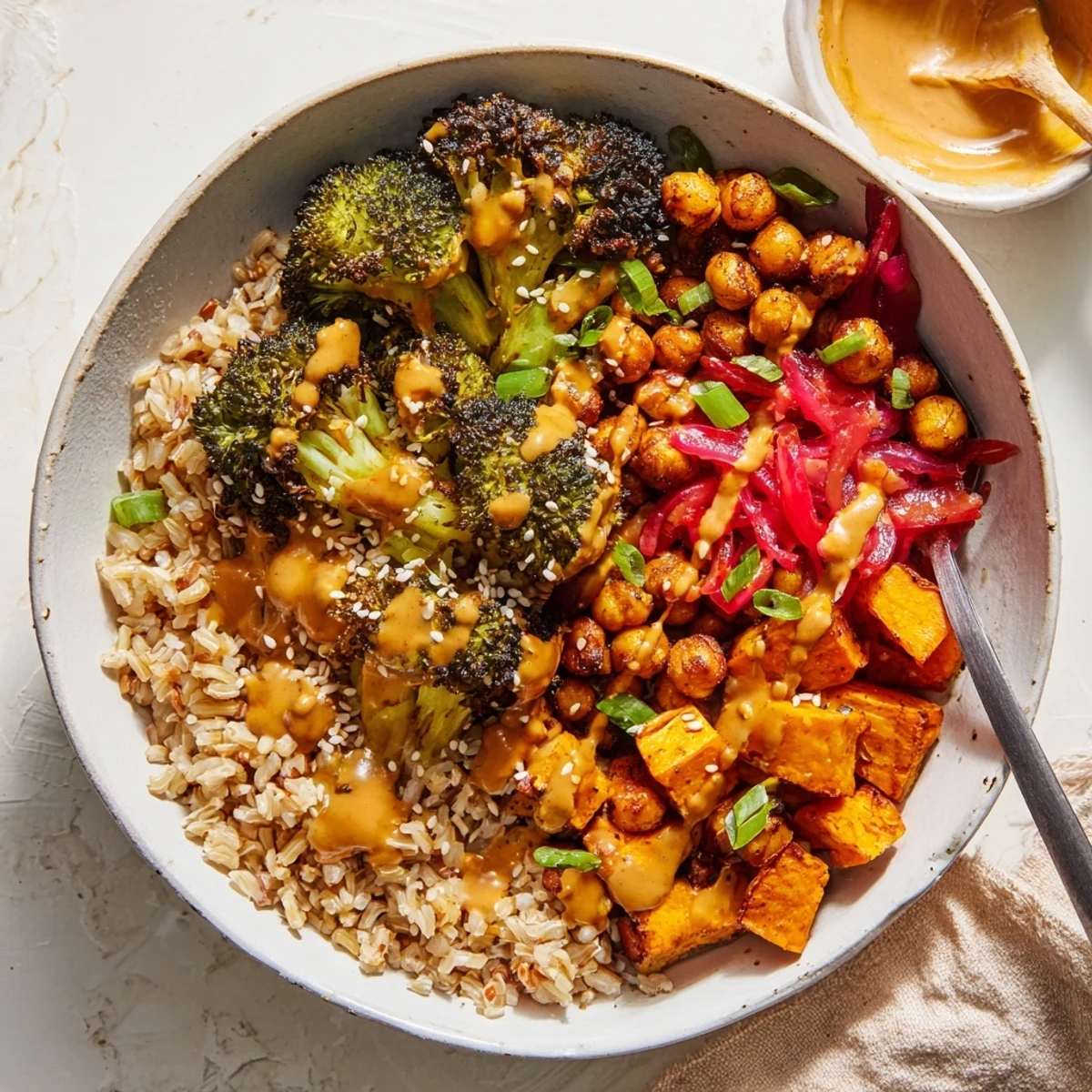 Satisfying Bold Sauce Drizzle Bowls with roasted veggies and two savory sauce options.