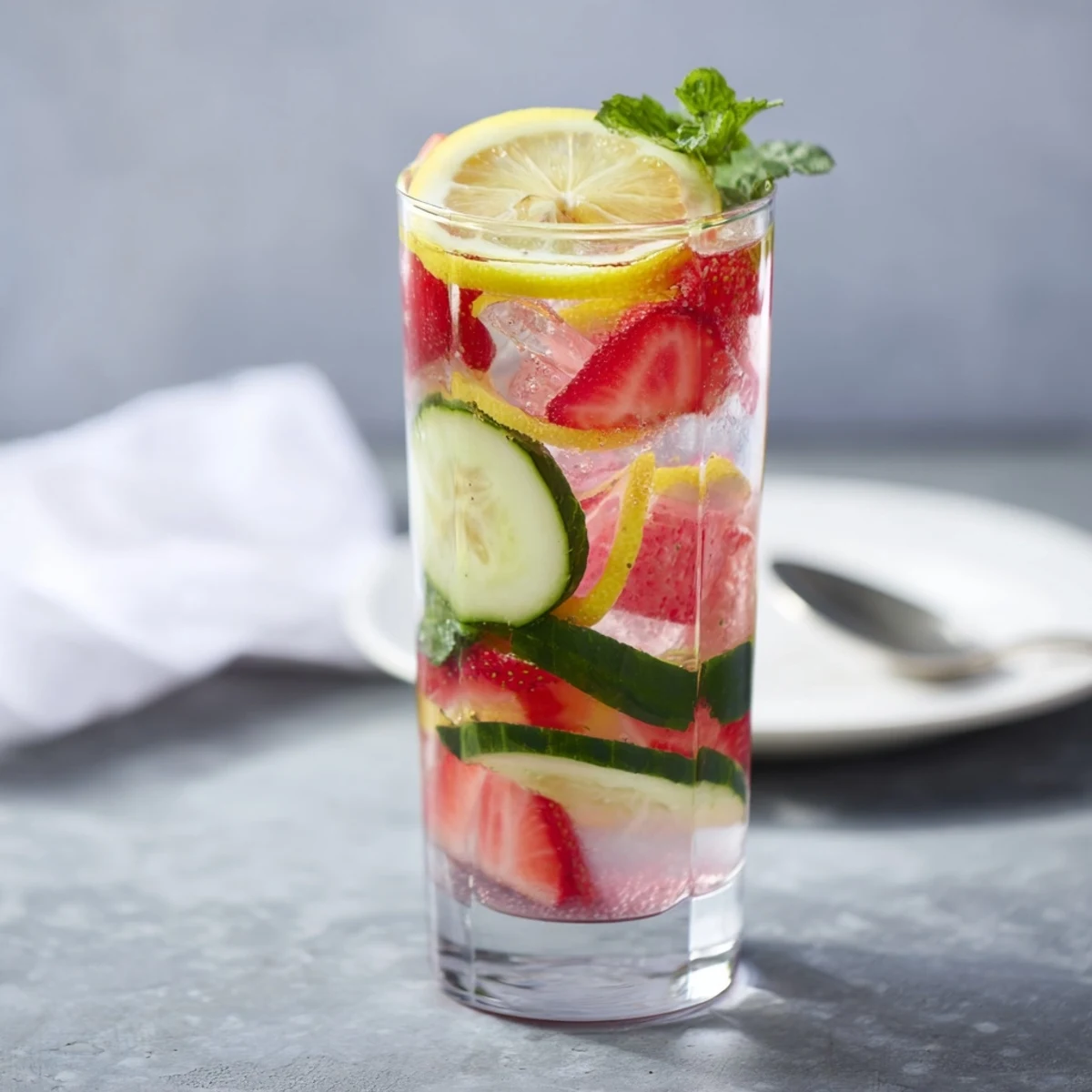 Colorful lemon and cucumber slices add flair to delicious water-based mocktails.  