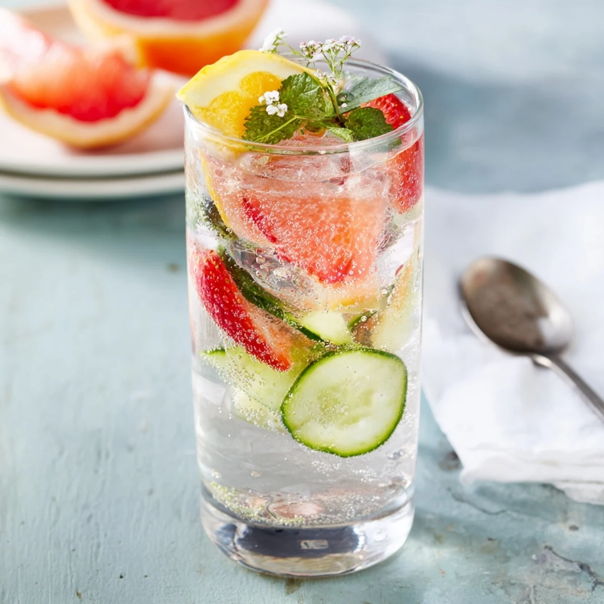 Refreshing water-based mocktails featuring fresh fruits and mint for summertime enjoyment.  