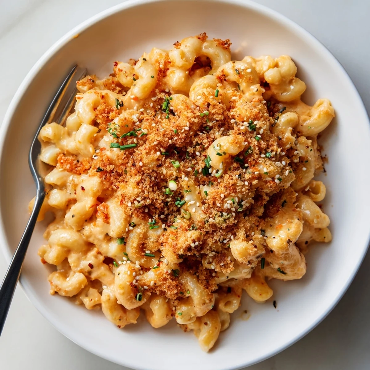 Creamy Spicy Kimchi Mac & Cheese topped with crunchy sesame seeds and spring onions.