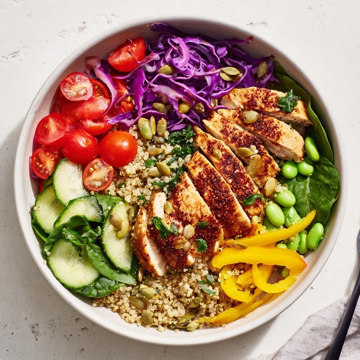 Beautifully layered Healthy Meal-Prep Bowls featuring vibrant vegetables and zesty dressing.  