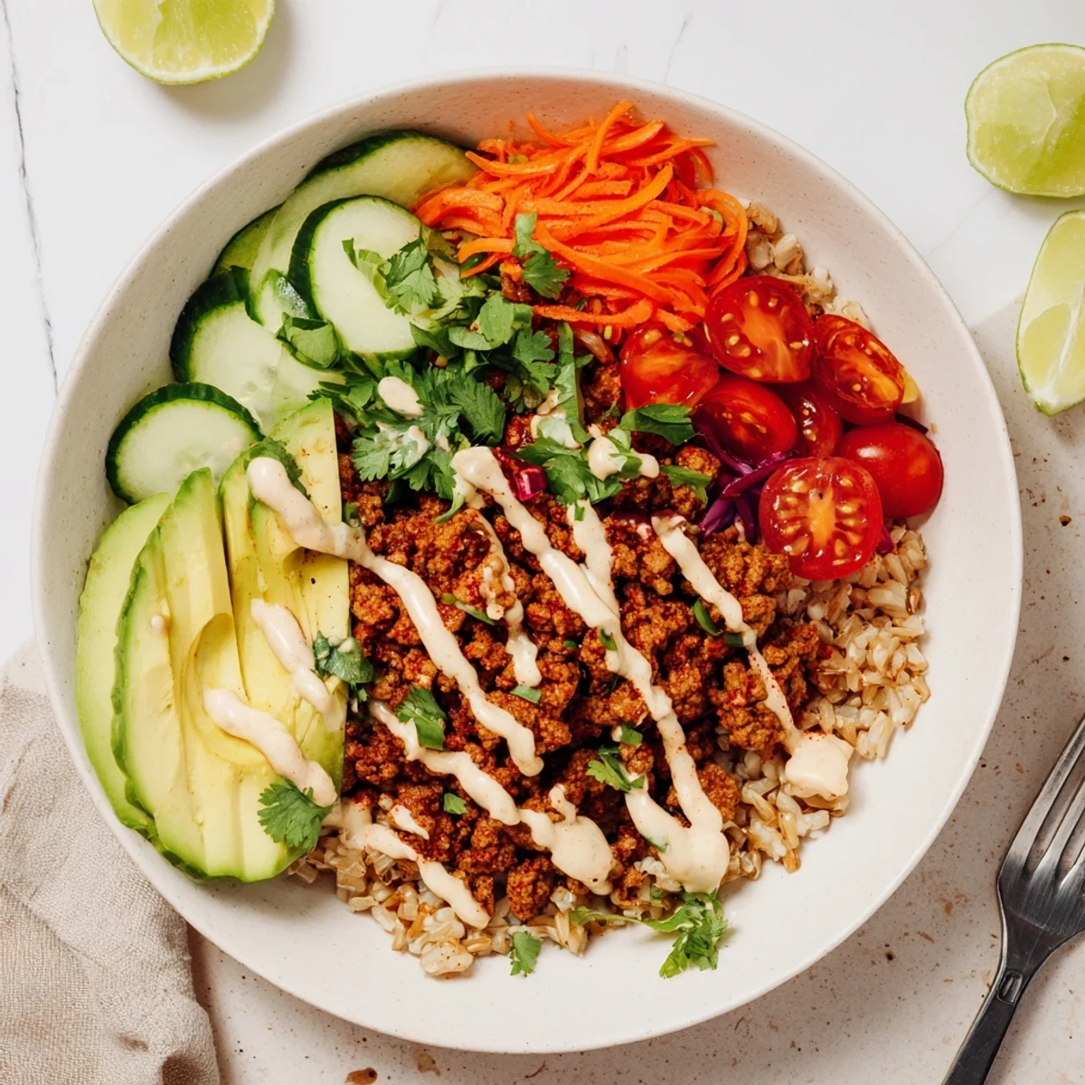 Vibrant plant-based meat bowl topped with fresh veggies and zesty sauce.  