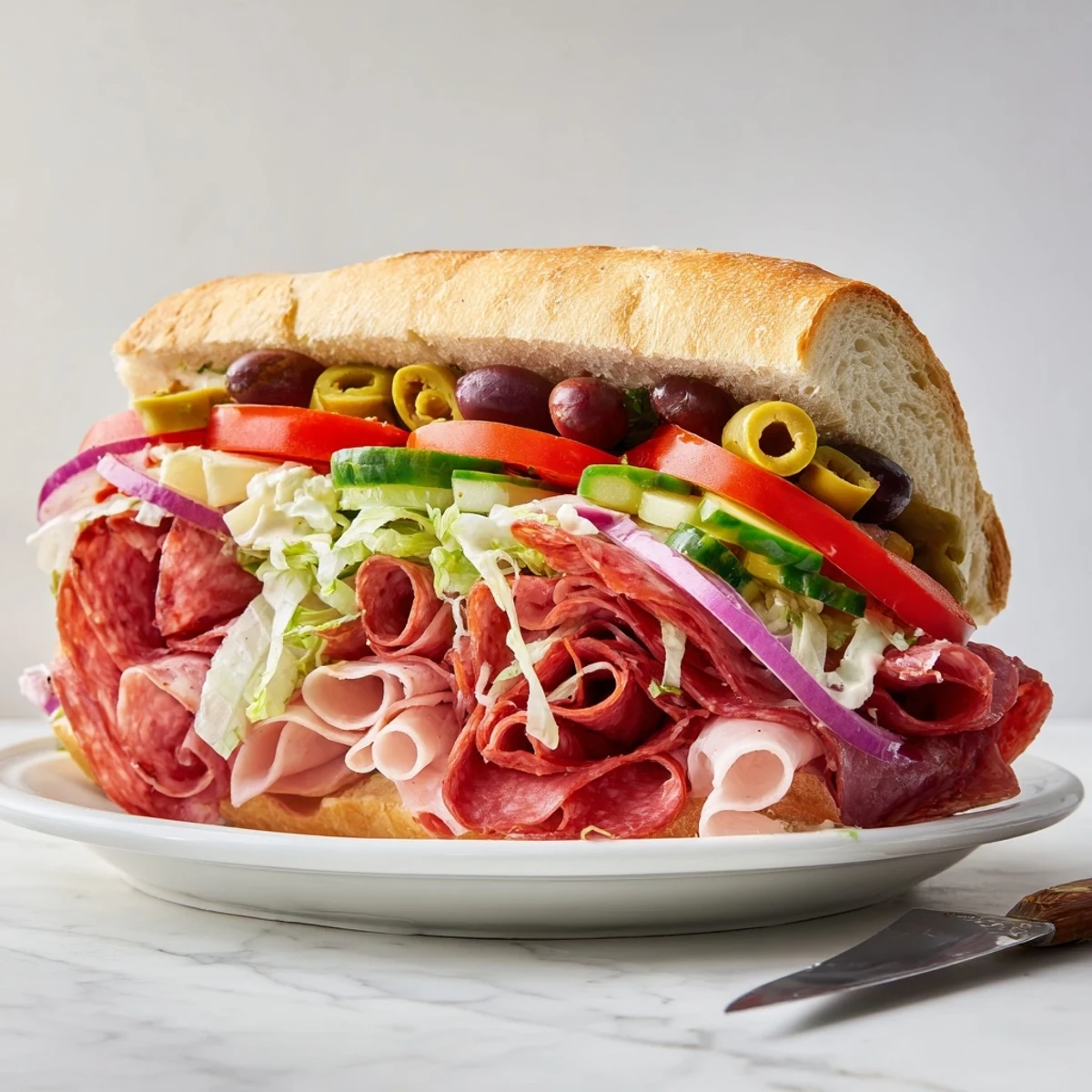 Vibrant Flavor Mash-Up Sandwiches stacked high with meats, fresh veggies, and creamy dressing.  