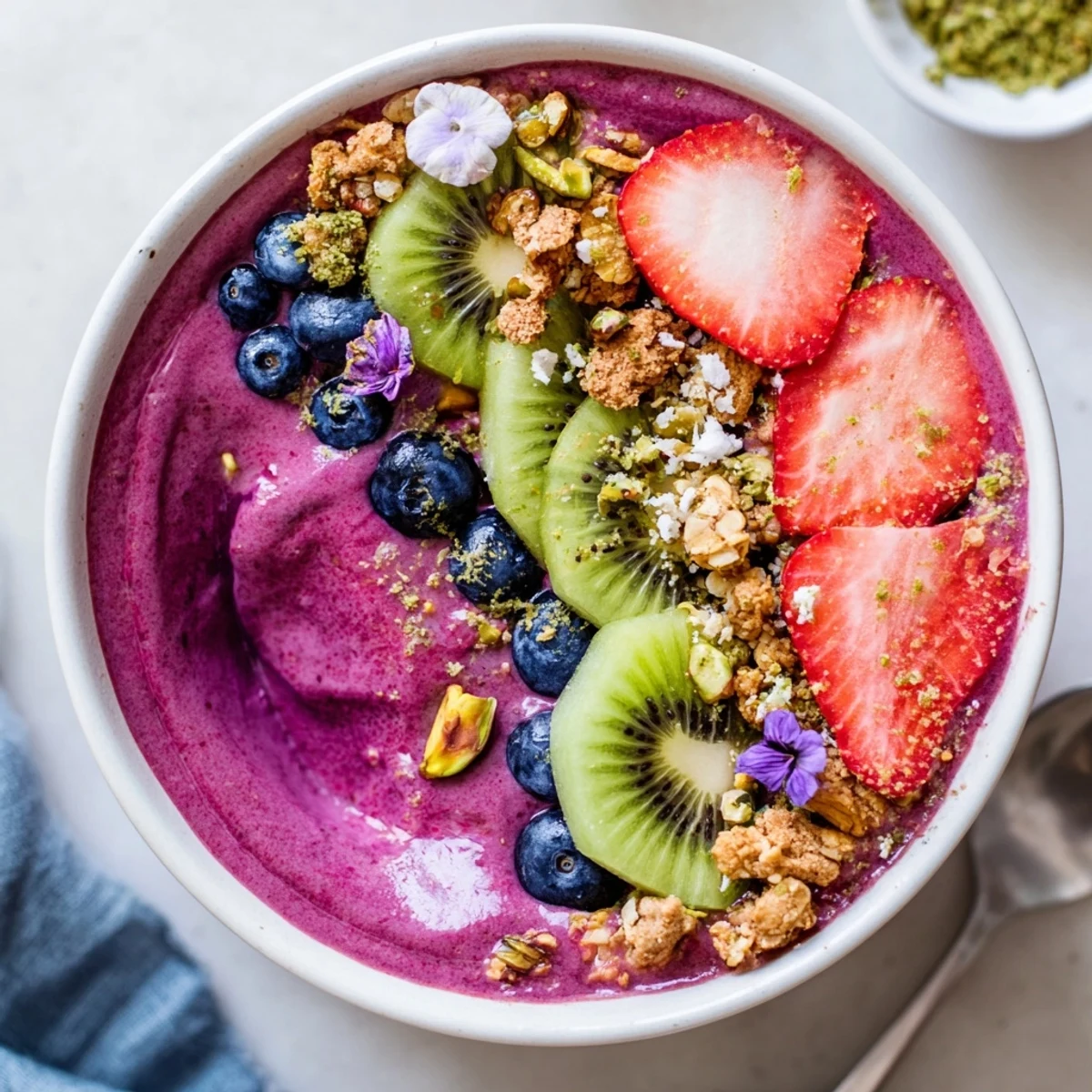 A colorful breakfast bowl featuring creamy purple yam, pistachio, and luscious berries.  