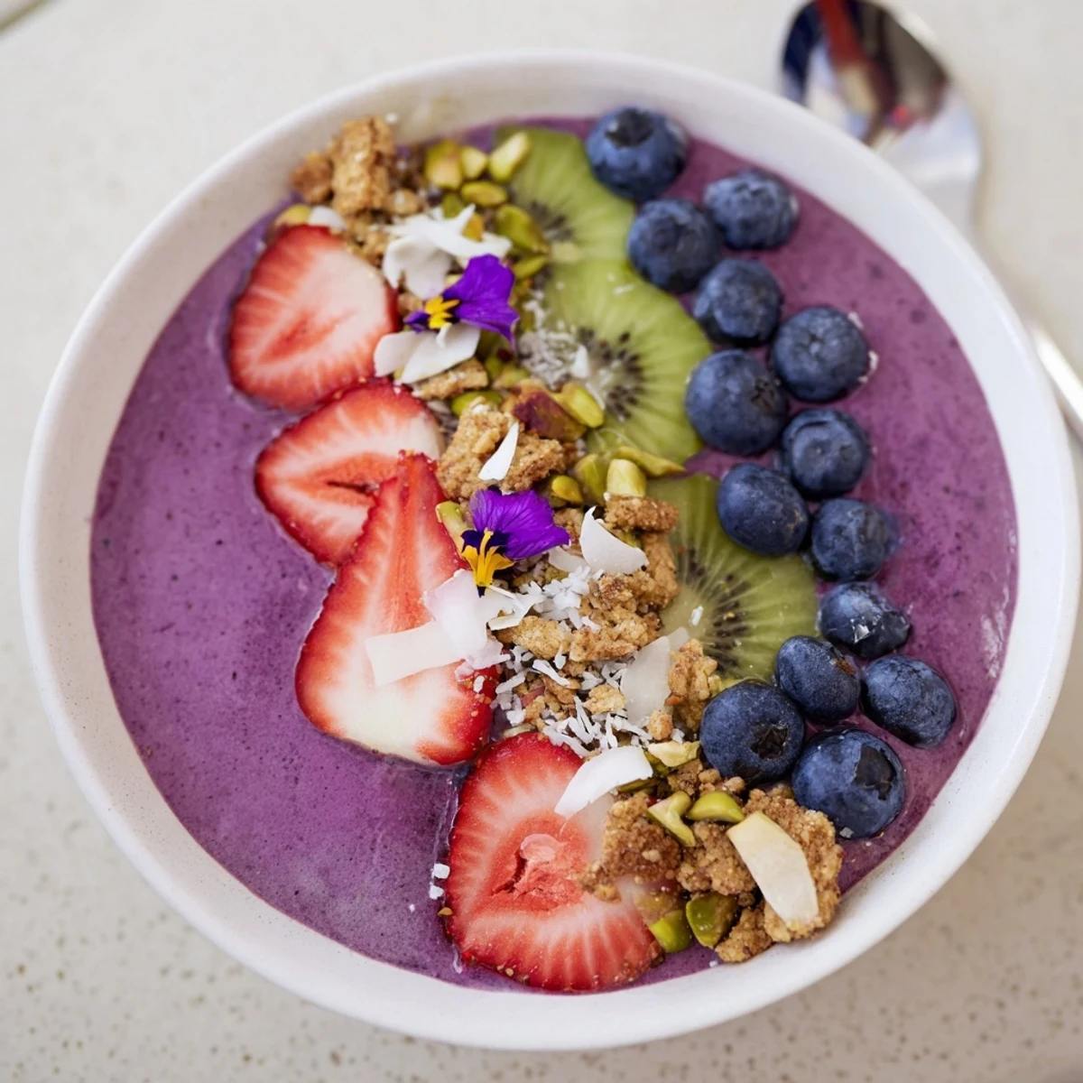 Delicious smoothie bowls with rich flavors, garnished with kiwi and crunchy coconut flakes.