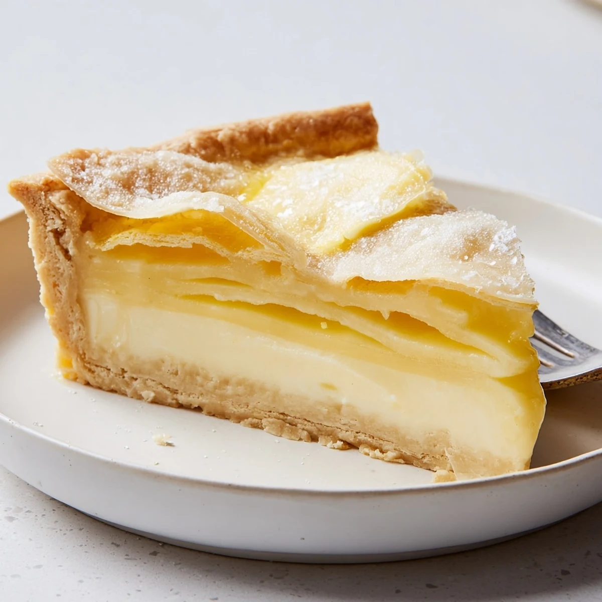 A creamy water pie topped with buttery crust, perfect for nostalgic dessert lovers.  