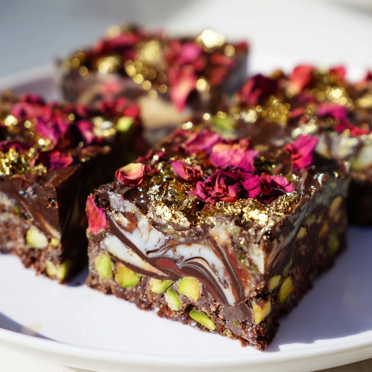 Decadent chocolate bar-inspired creations topped with spiced date caramel and pistachios.  
