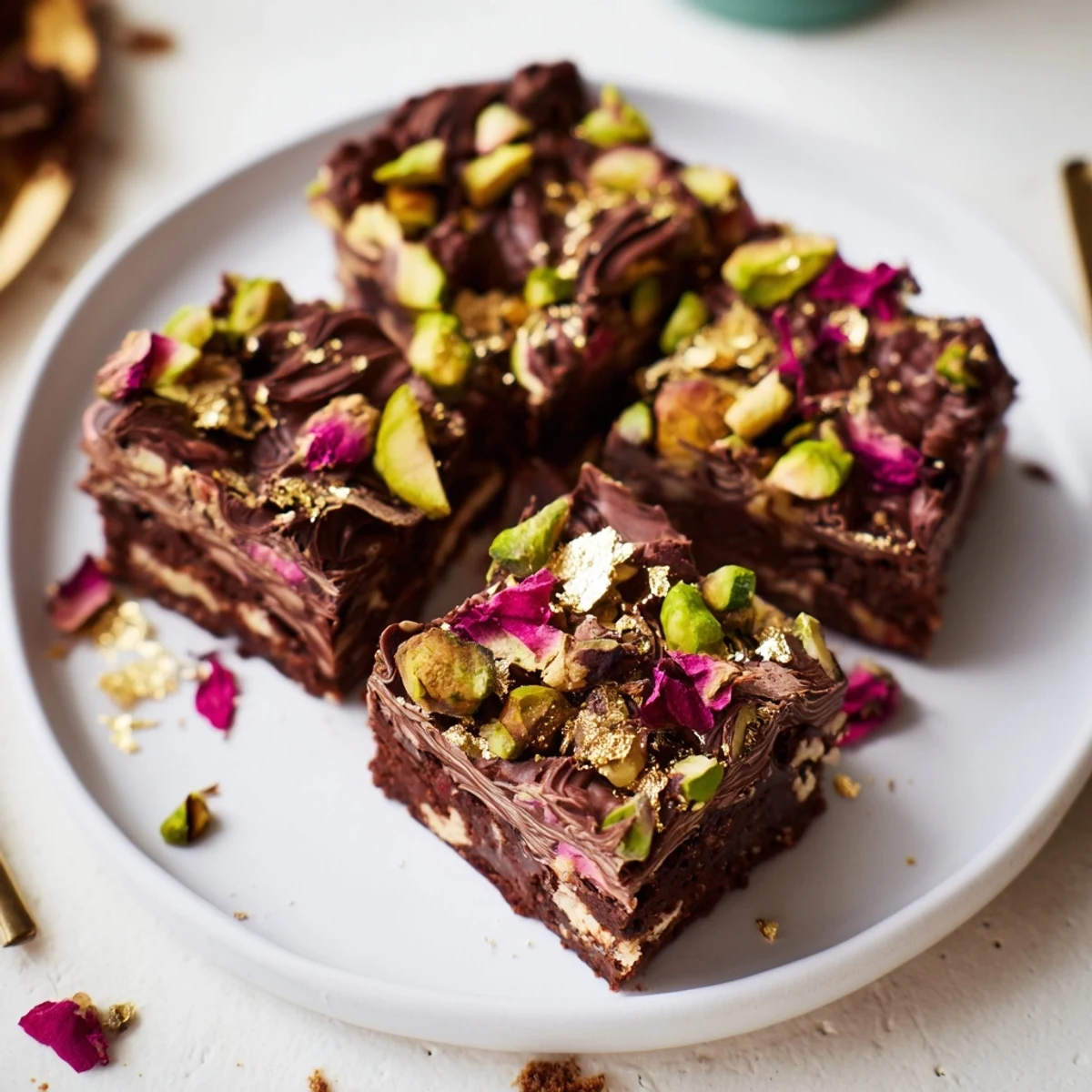 Luxurious chocolate bar-inspired treats garnished with edible gold leaf and rose petals.