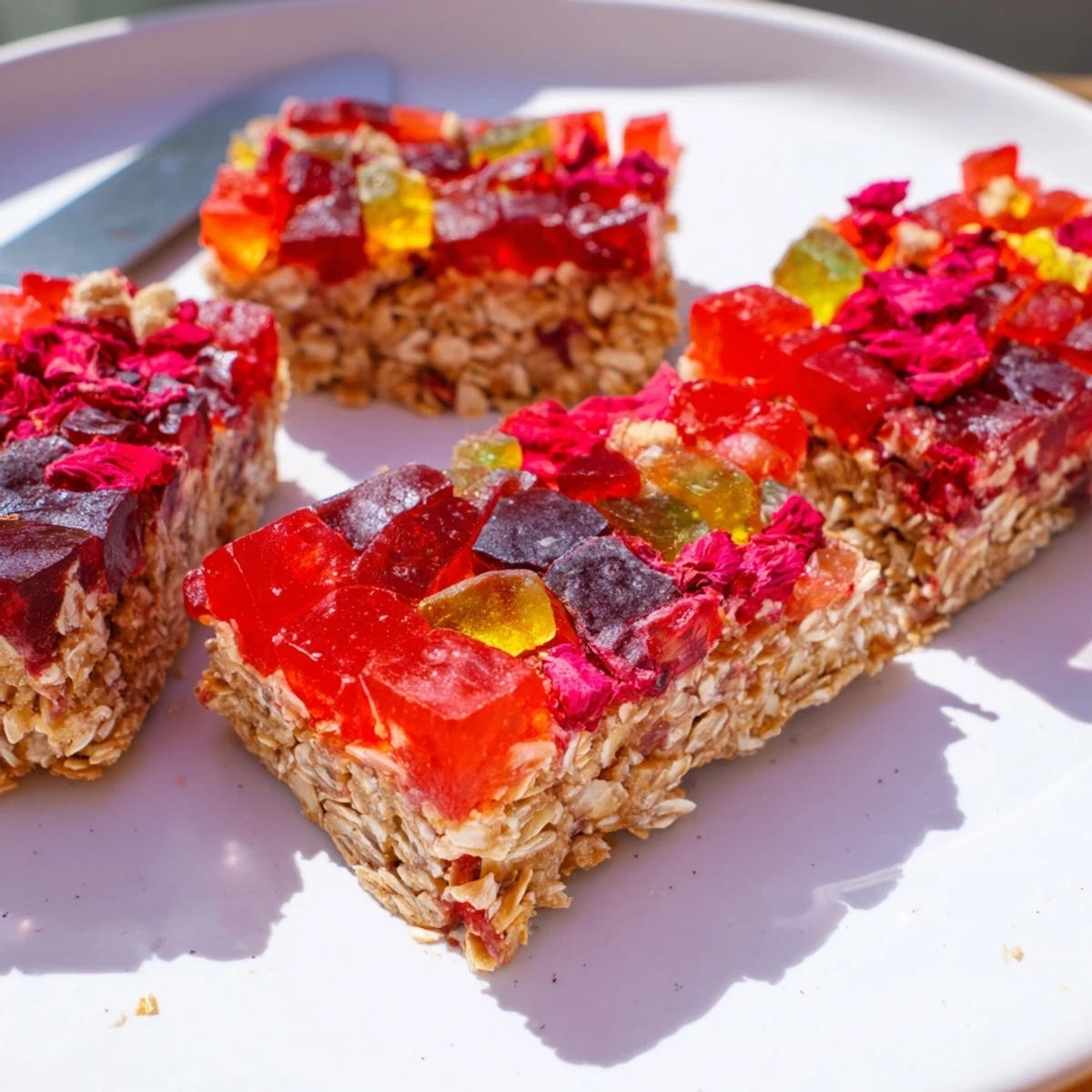 Savory-looking homemade gummy and oat snack bars, drizzled with honey and topped.  