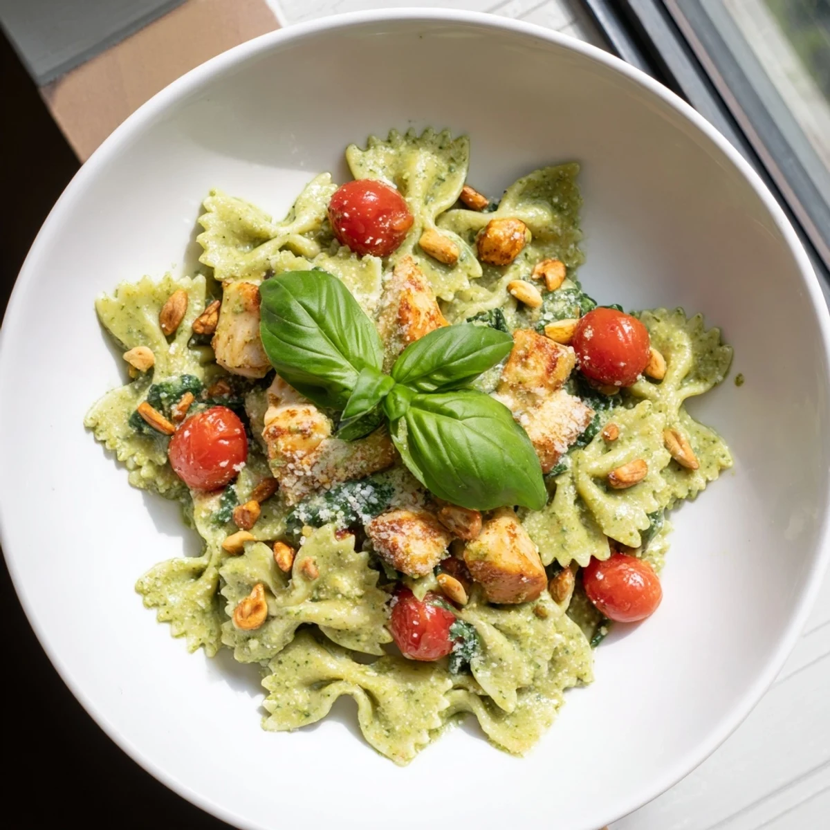 A beautifully plated pesto chicken bowtie pasta, ready to eat, with fresh basil and Parmesan cheese.