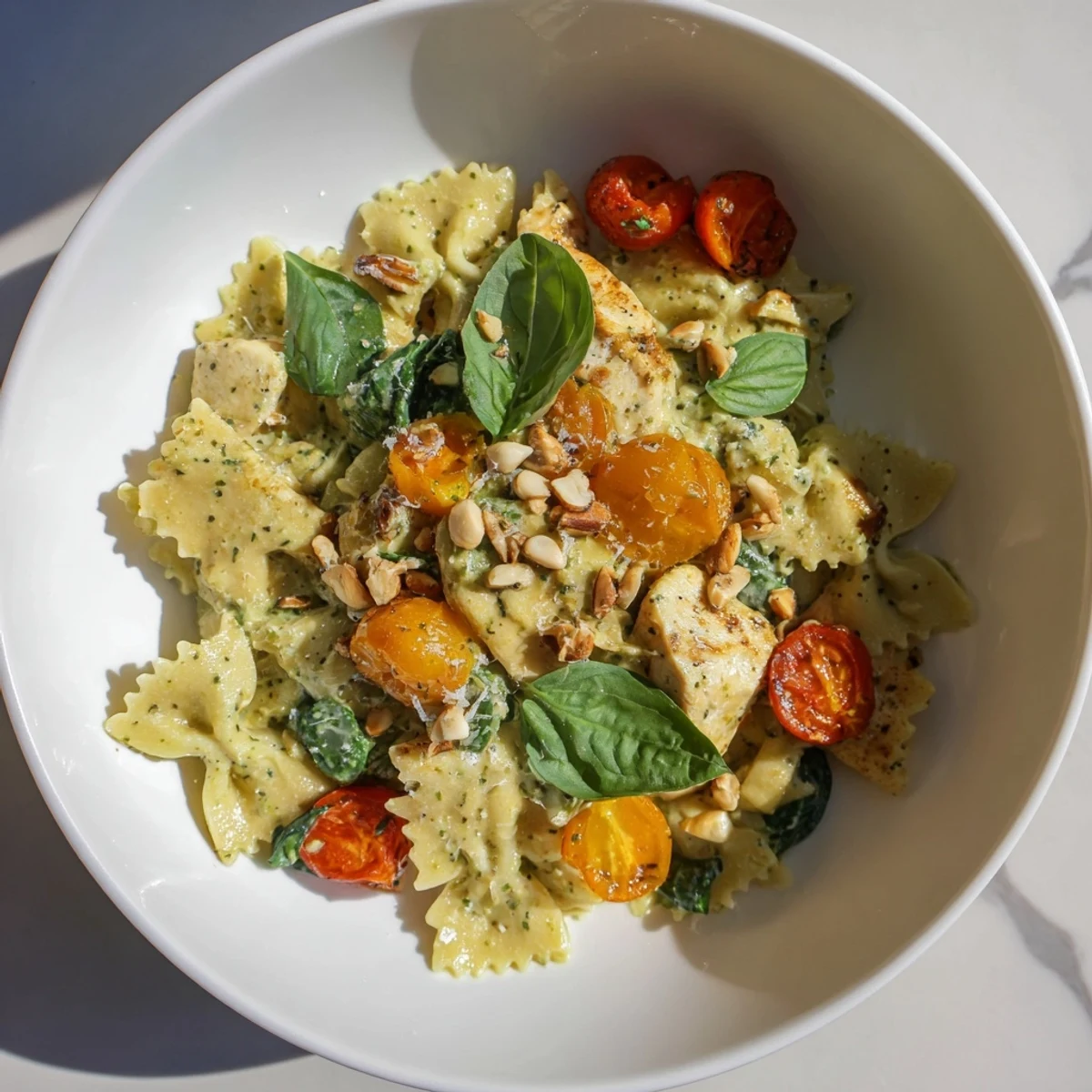 Creamy pesto chicken bowtie pasta with vibrant tomatoes, perfect for a cozy Italian-American meal.