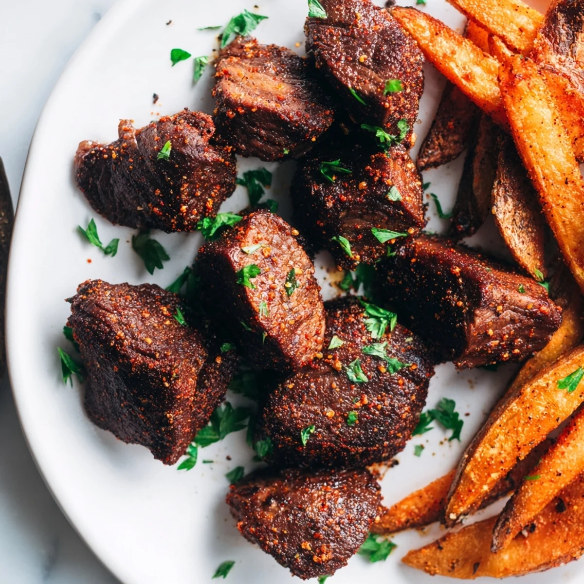 Blackened Cajun steak bites with perfectly cooked fries: a flavorful, savory, and irresistible duo!