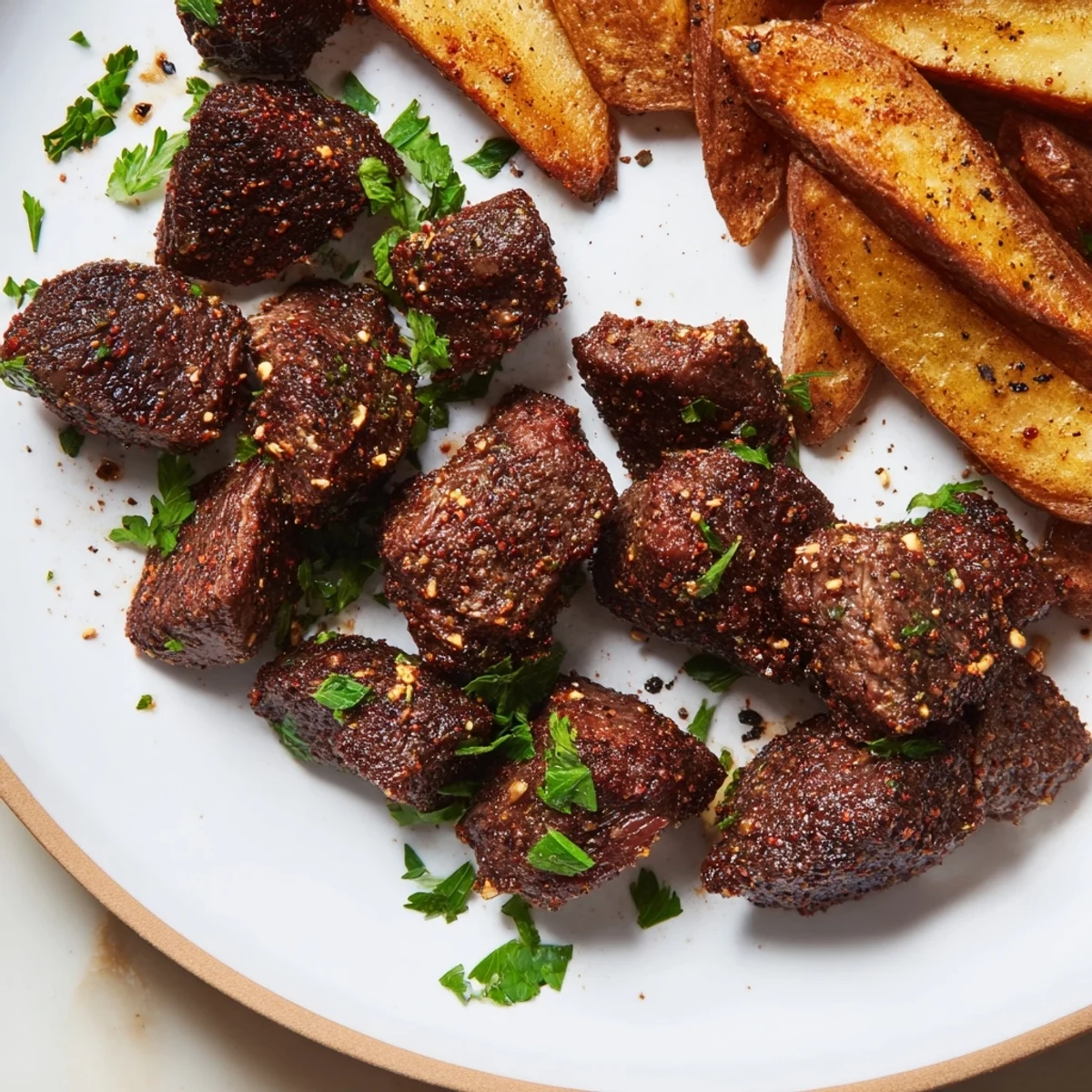 Image shows delicious Blackened Cajun steak bites with a side of golden, perfectly seasoned fries.
