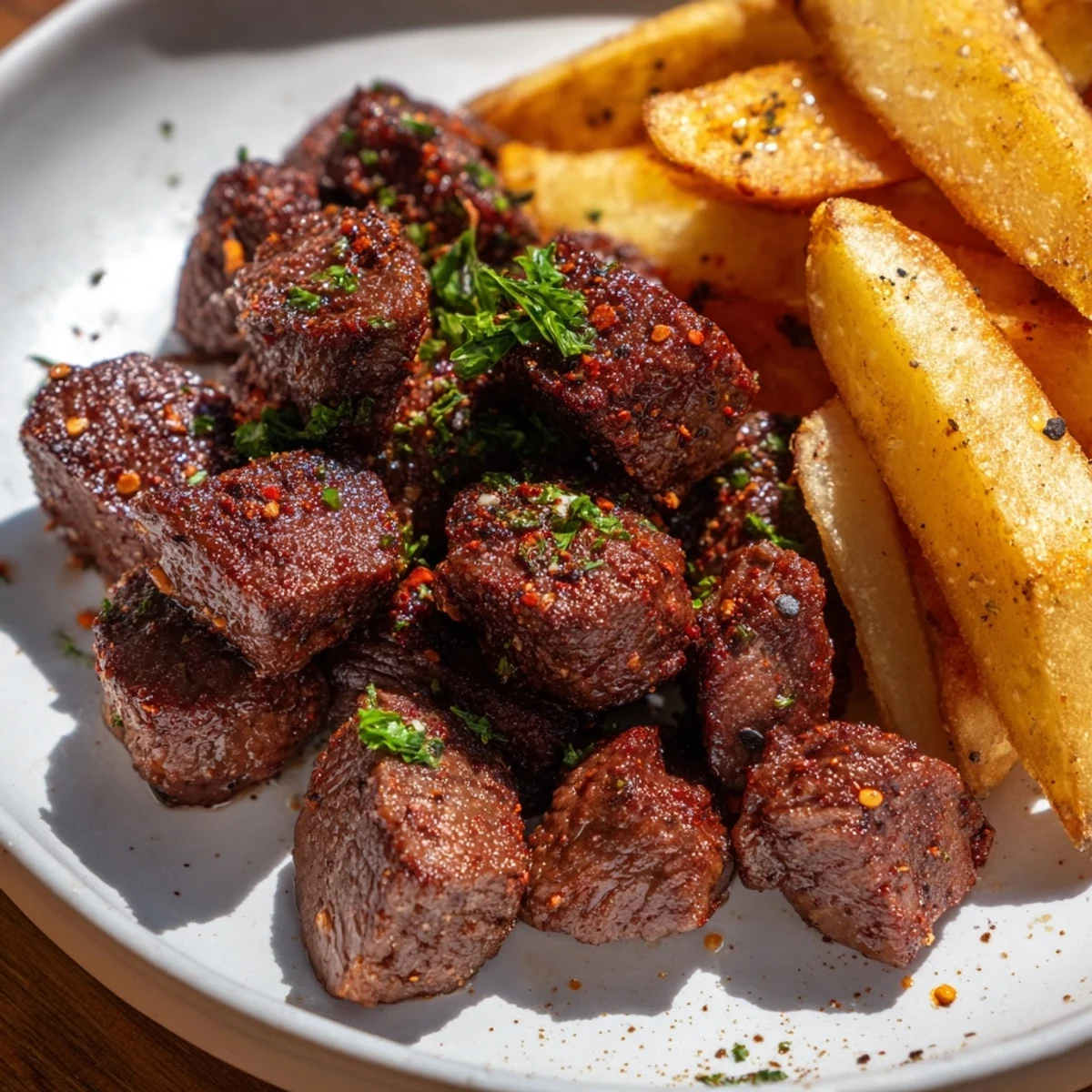 Sizzling, blackened Cajun steak bites served alongside crispy, golden fries, ready to enjoy.