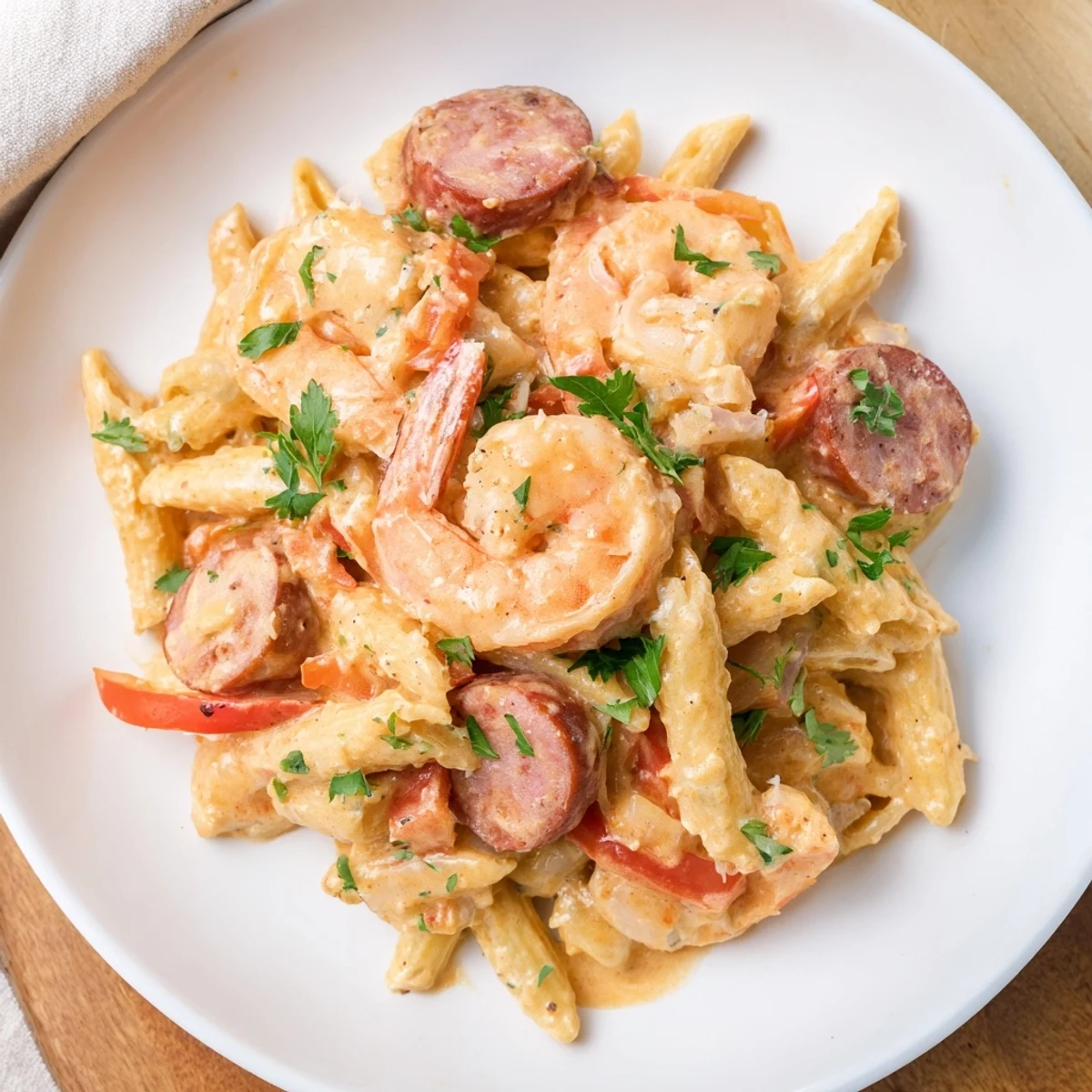 Cajun Sausage & Shrimp Alfredo Pasta Skillet showcasing the creamy sauce clinging to penne with shrimp and sausage.