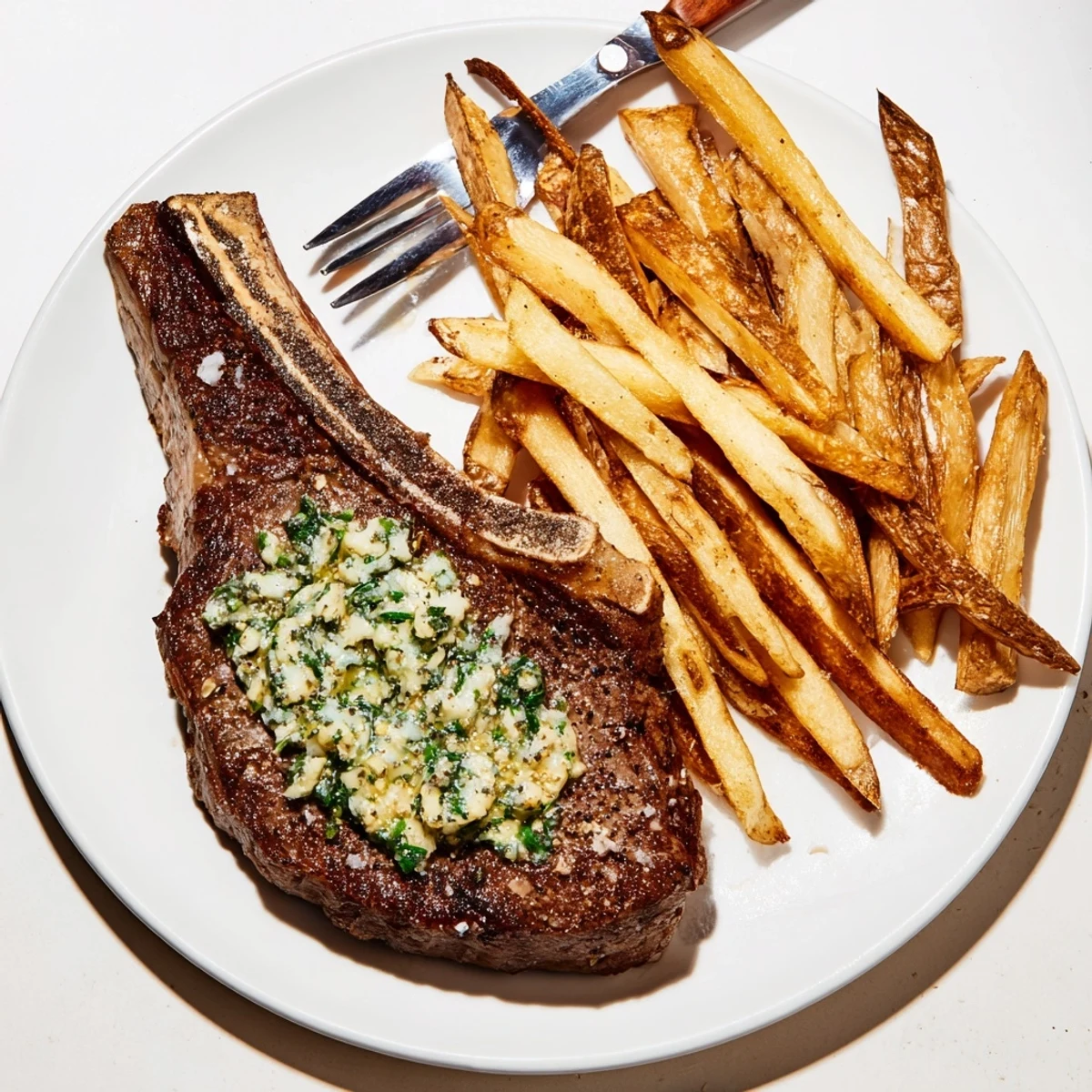 Sizzling Steakhouse Garlic Butter Steak & Fries, topped with herb butter, alongside golden, crispy fries.