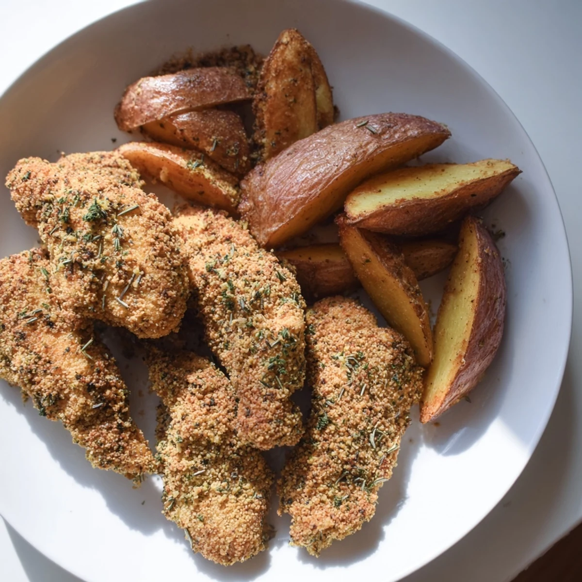 Crispy herbed chicken tenders paired with herb-roasted potato wedges, a satisfying American comfort food plate.